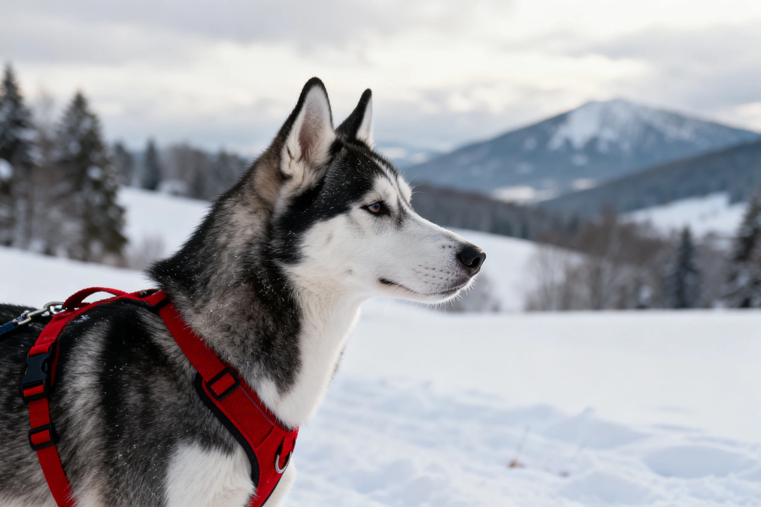 西伯利亚雪橇犬黑白相间的被毛与红色牵引带在雪地中清晰可见。