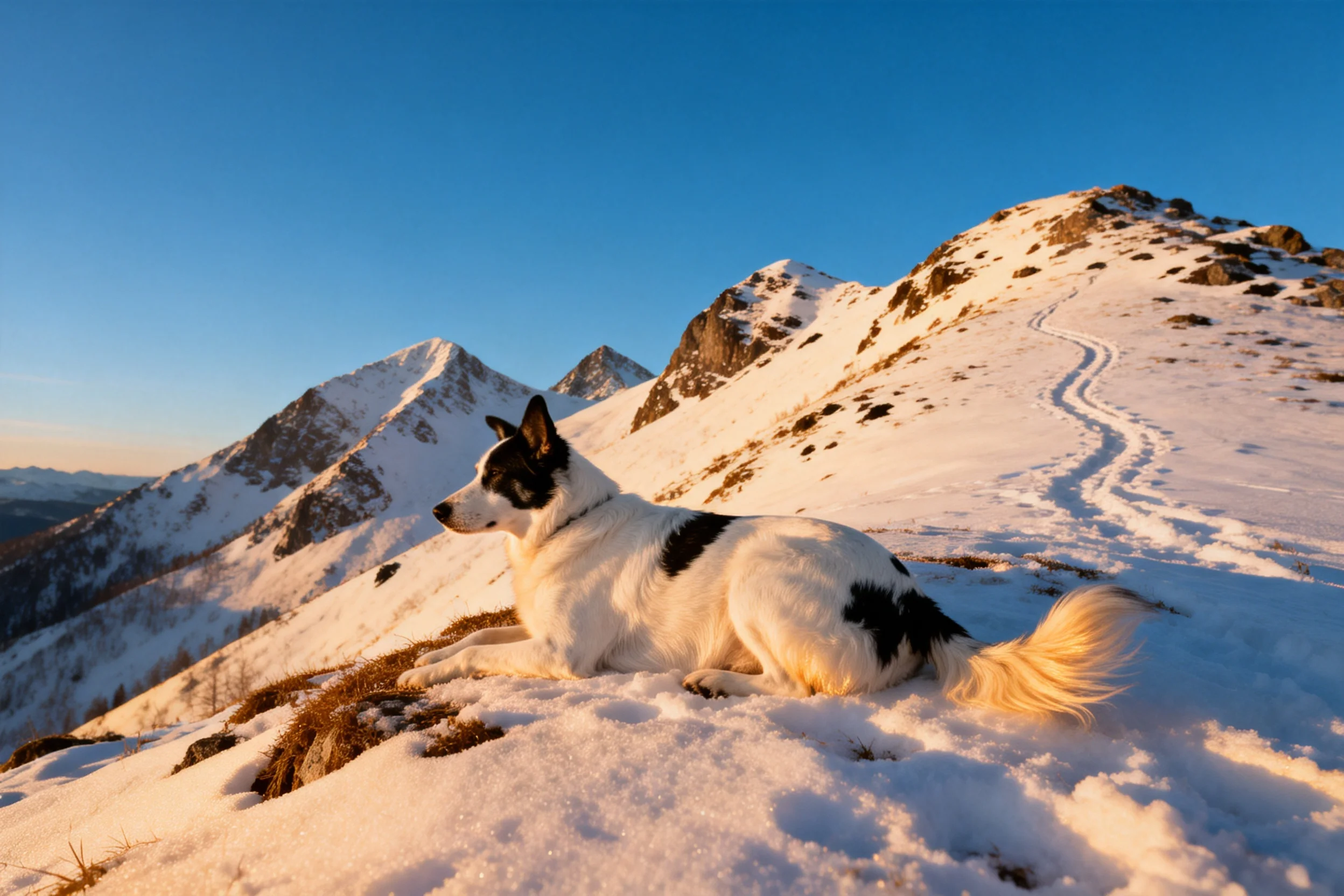 黑白边境牧羊犬安静趴卧在雪山之上,毛发蓬松柔软,姿态放松。