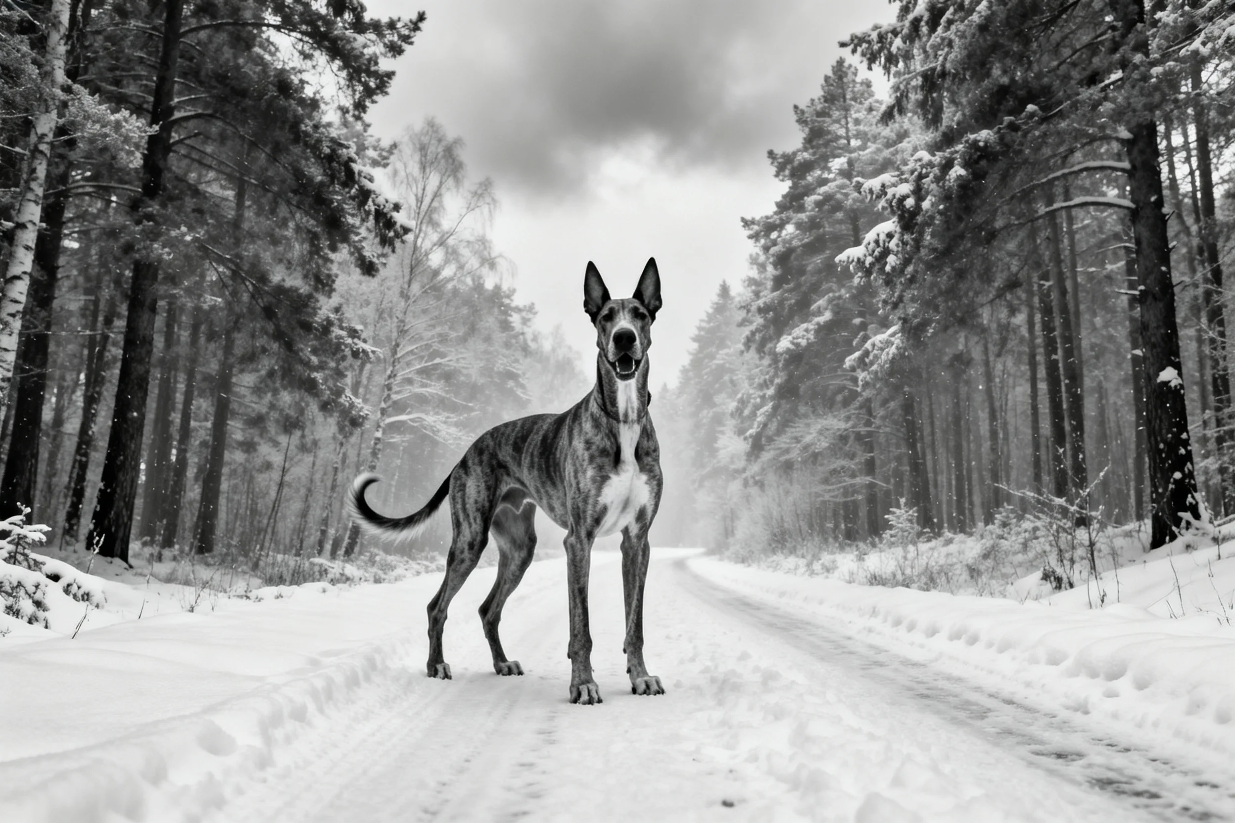 一条大丹犬站在被雪覆盖的森林道路上,身体呈深色带条纹,耳朵竖起。