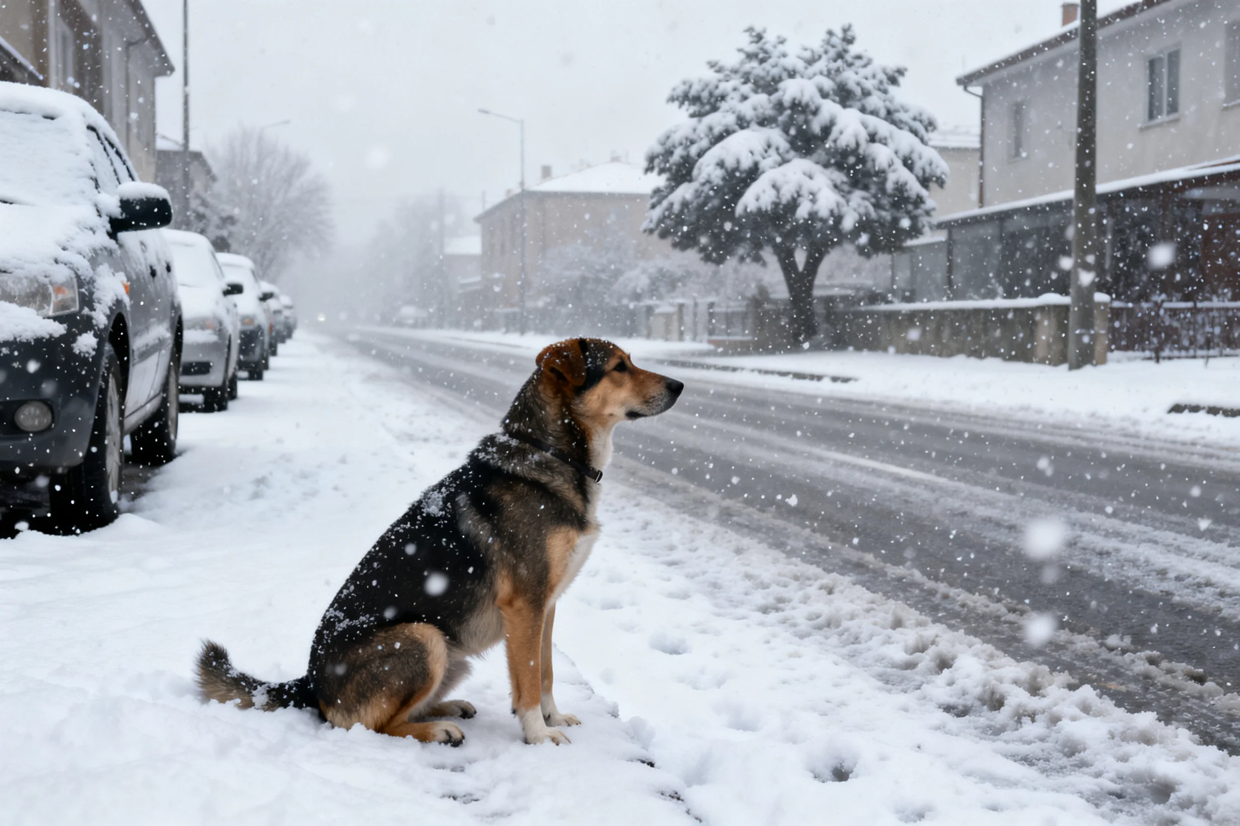 德国牧羊犬安静地坐在积雪的人行道上,黑色与棕色相间的毛发沾有雪花,姿态沉稳。