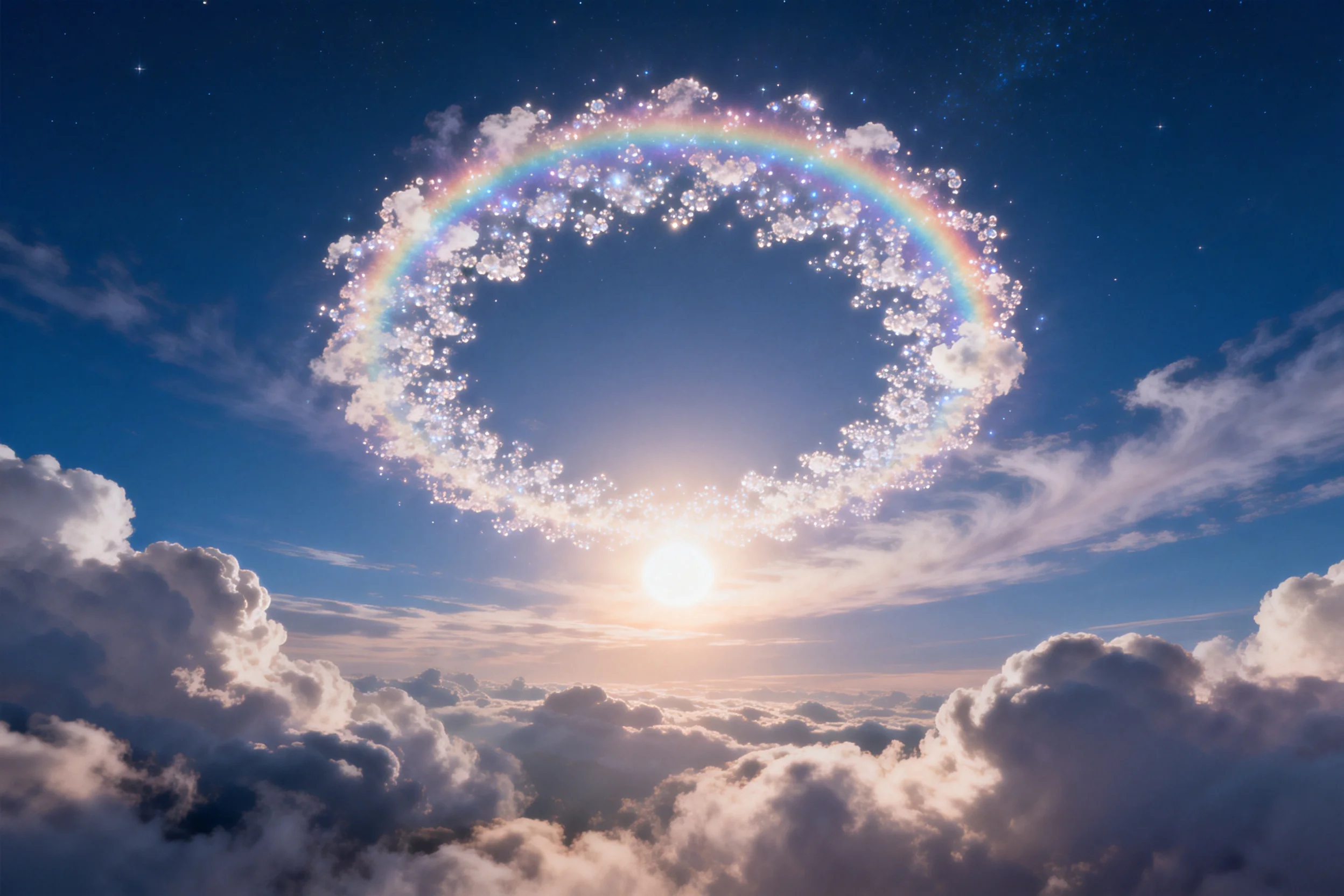 高空云层间的彩虹环云景,彩色光带环绕太阳形成环形结构,闪烁的粒子构成绚丽景象。