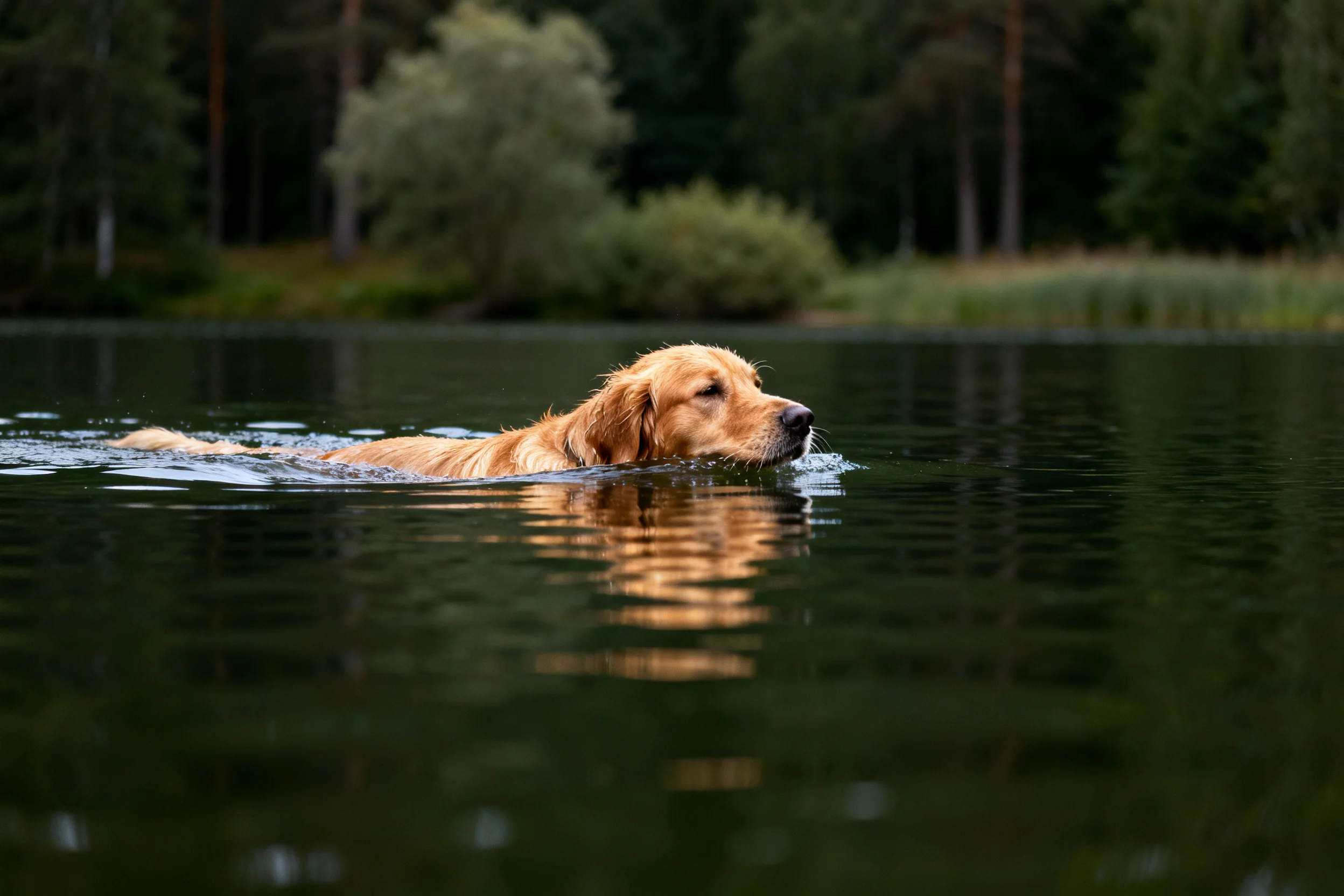 一只金毛猎犬在水中游泳,它的金黄色毛发湿润且顺滑地贴在身上。