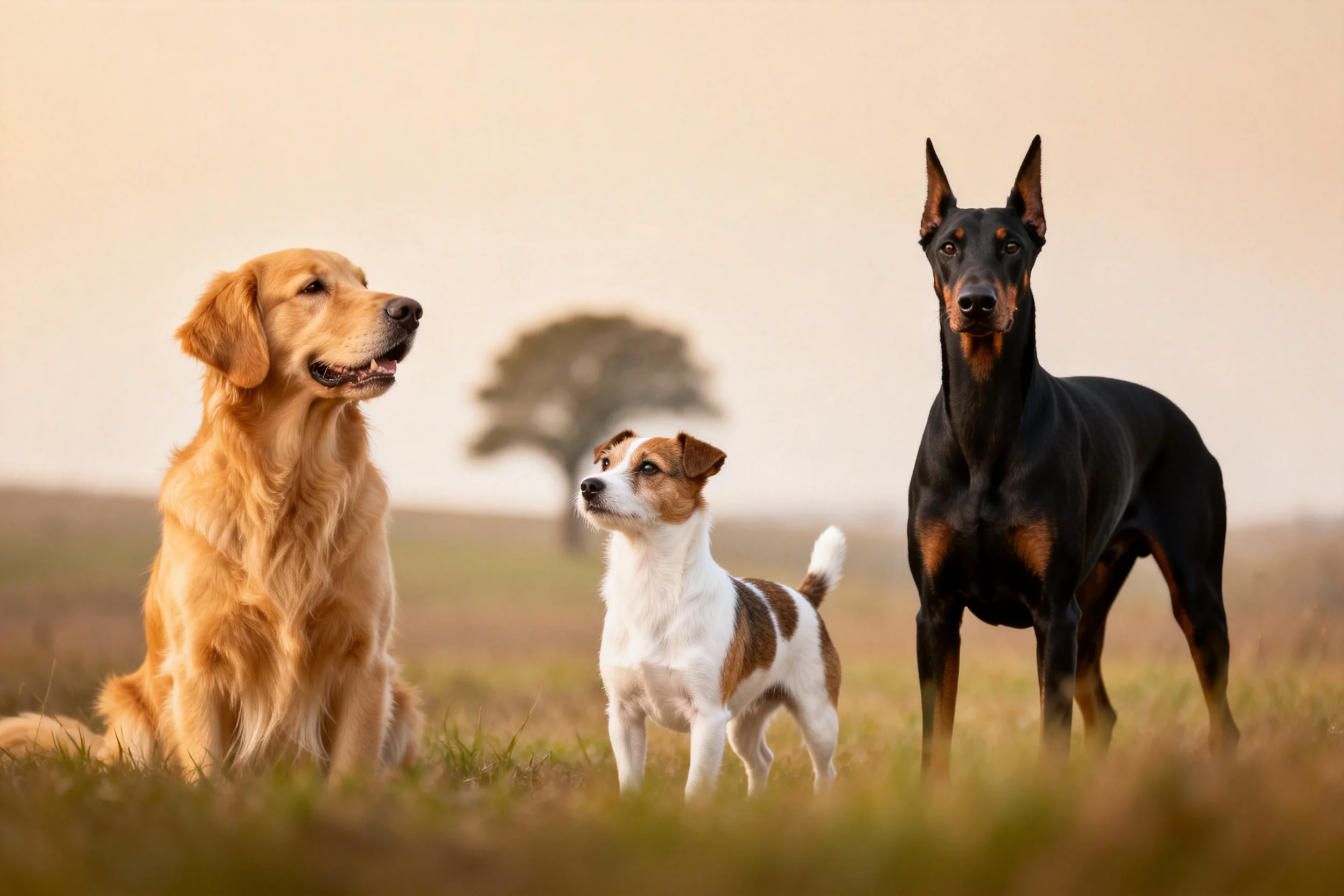 金毛寻回犬有着蓬松柔软的浅金色被毛,安静地坐在草地上,周围是开阔的环境。