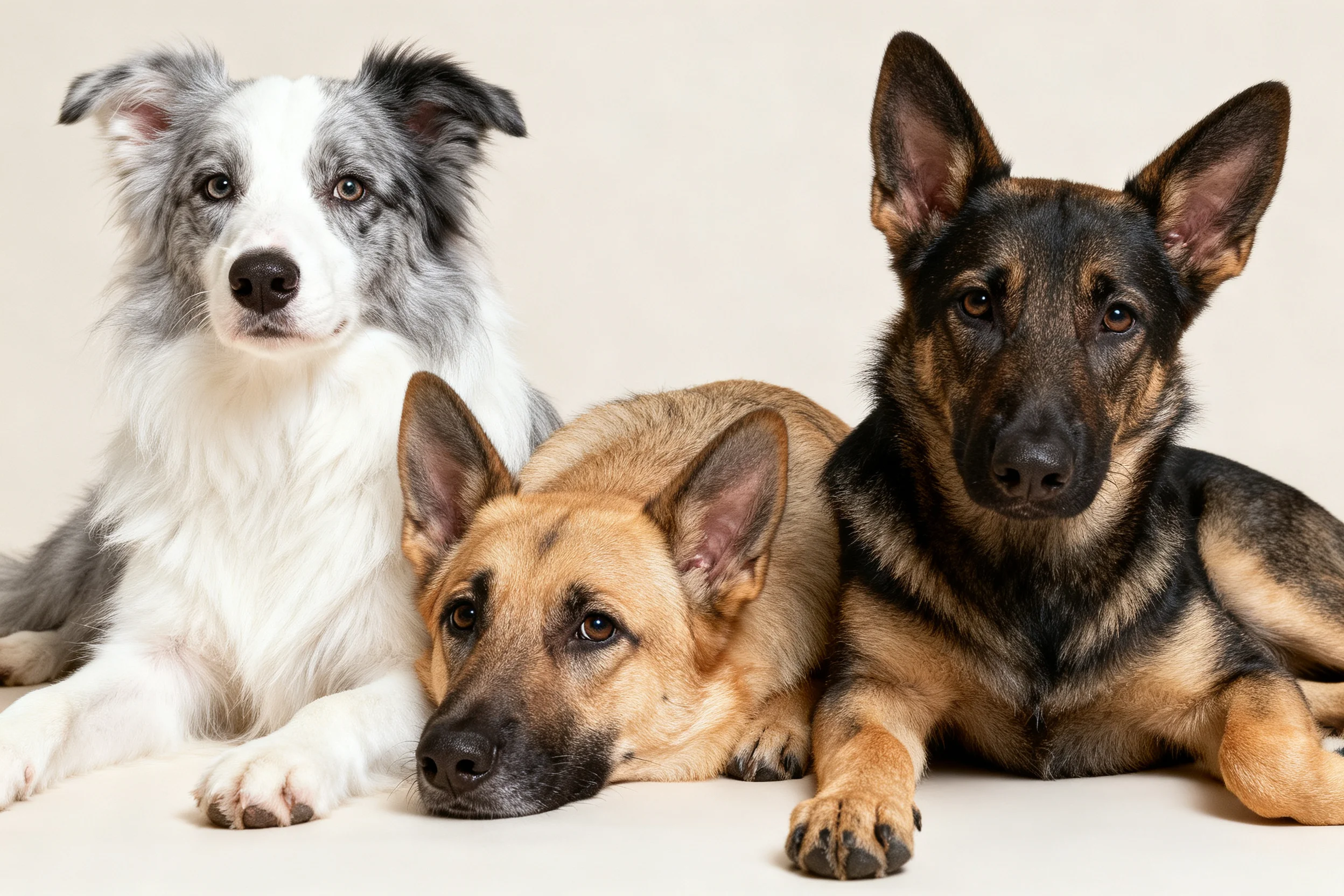 三只不同品种的狗狗并排趴卧,中间德国牧羊犬幼犬头部轻靠身旁伙伴,边境牧羊犬眼神温和,德国牧羊犬姿态挺拔,毛发清晰可见。