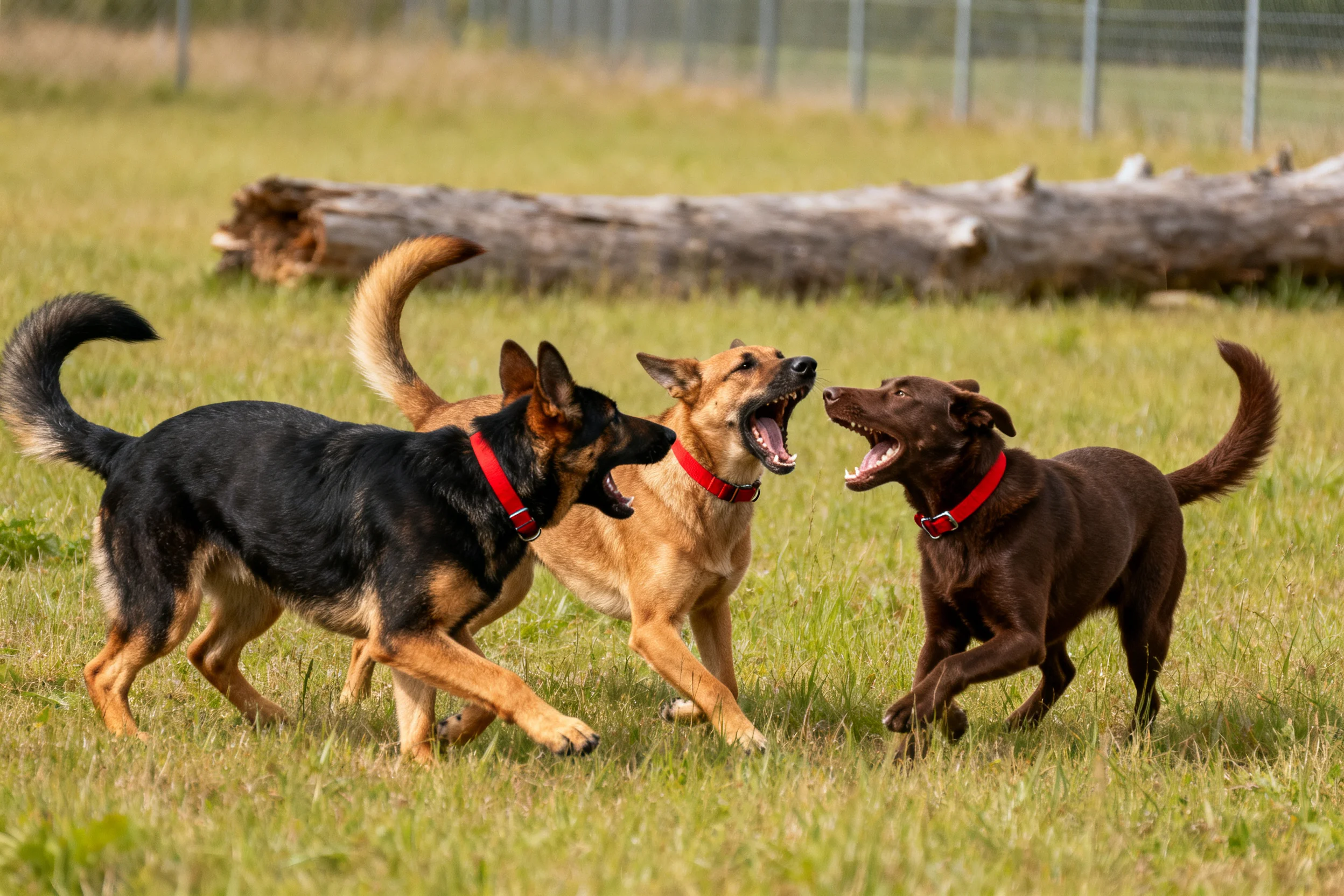 三只不同品种的犬类在草地上玩耍,包括德国牧羊犬、比利时马里努阿犬和拉布拉多犬,它们都佩戴红色项圈,毛发柔软。