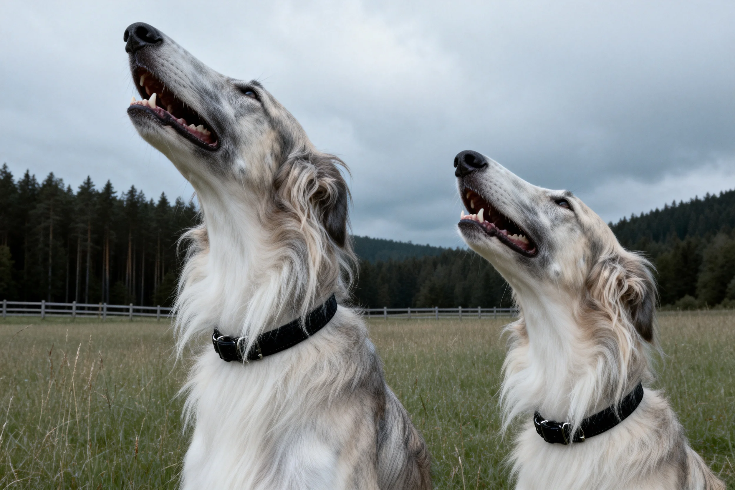 两只俄罗斯猎狼犬抬头张望,灰白色蓬松毛发清晰可见。