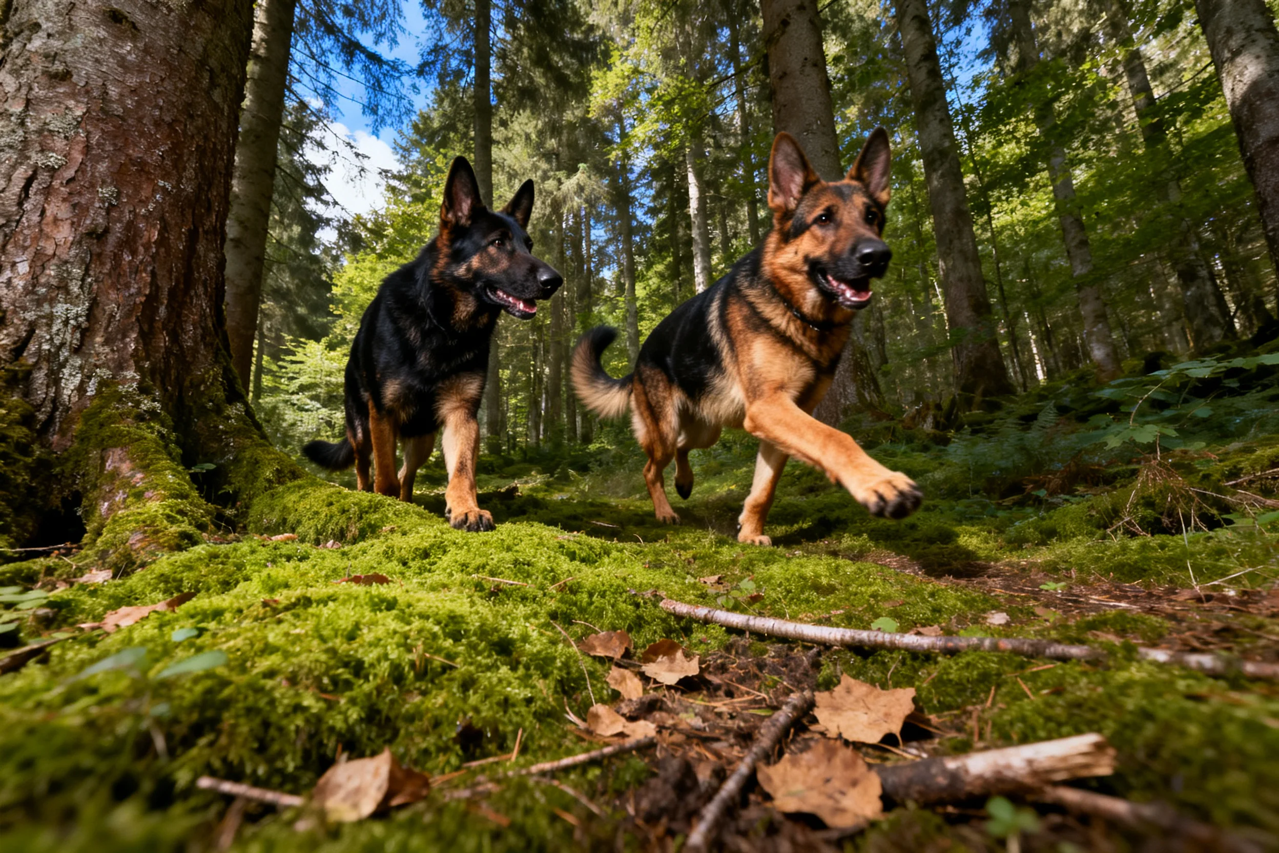 两只德国牧羊犬在森林苔藓地面上奔跑,黑色的被毛与棕褐色毛发形成鲜明对比,前爪抬起展现运动姿态。