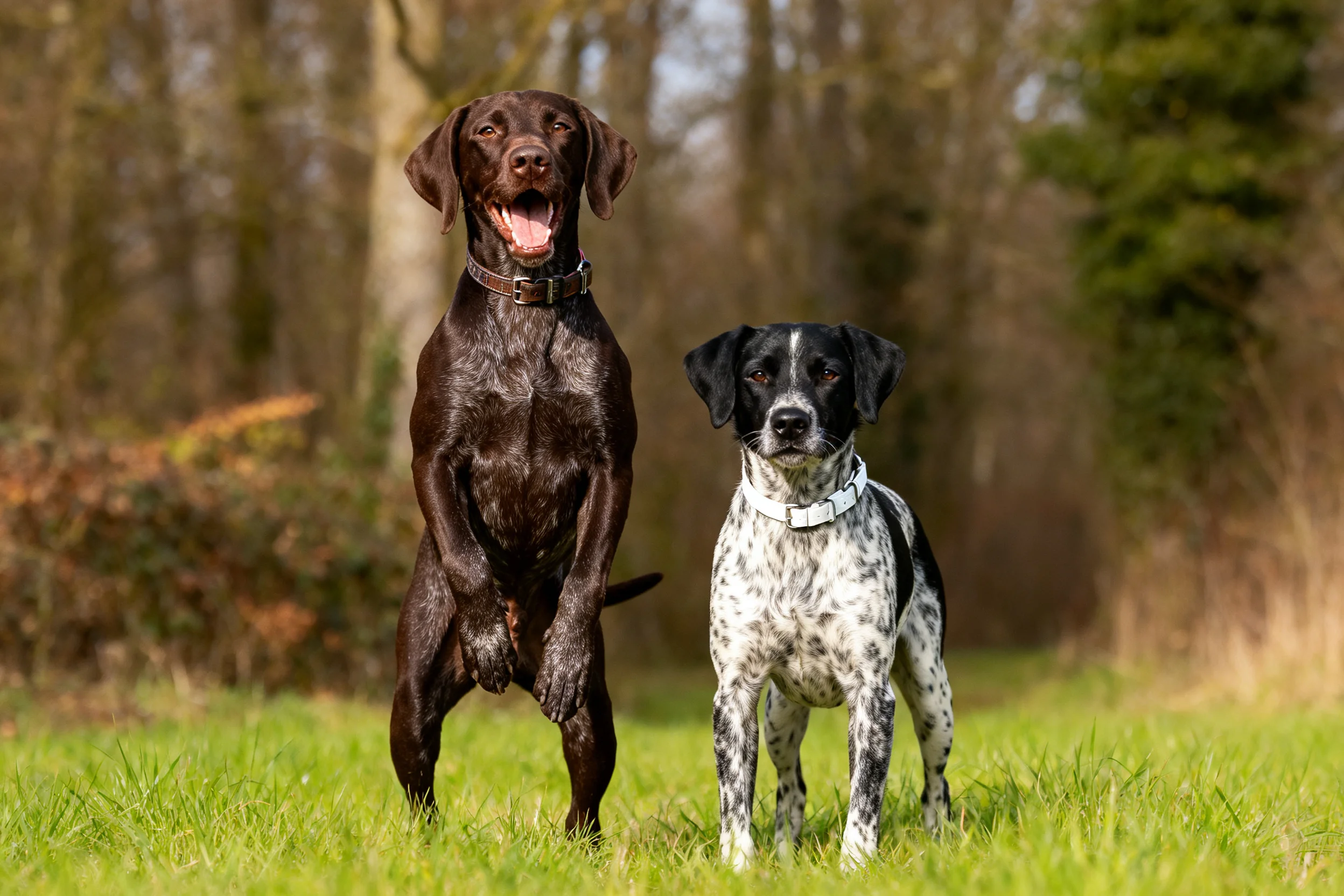 德国短毛指示犬站立姿态，深棕色被毛油亮，嘴巴张开露出牙齿，旁边是黑白斑点幼犬，草地环境。