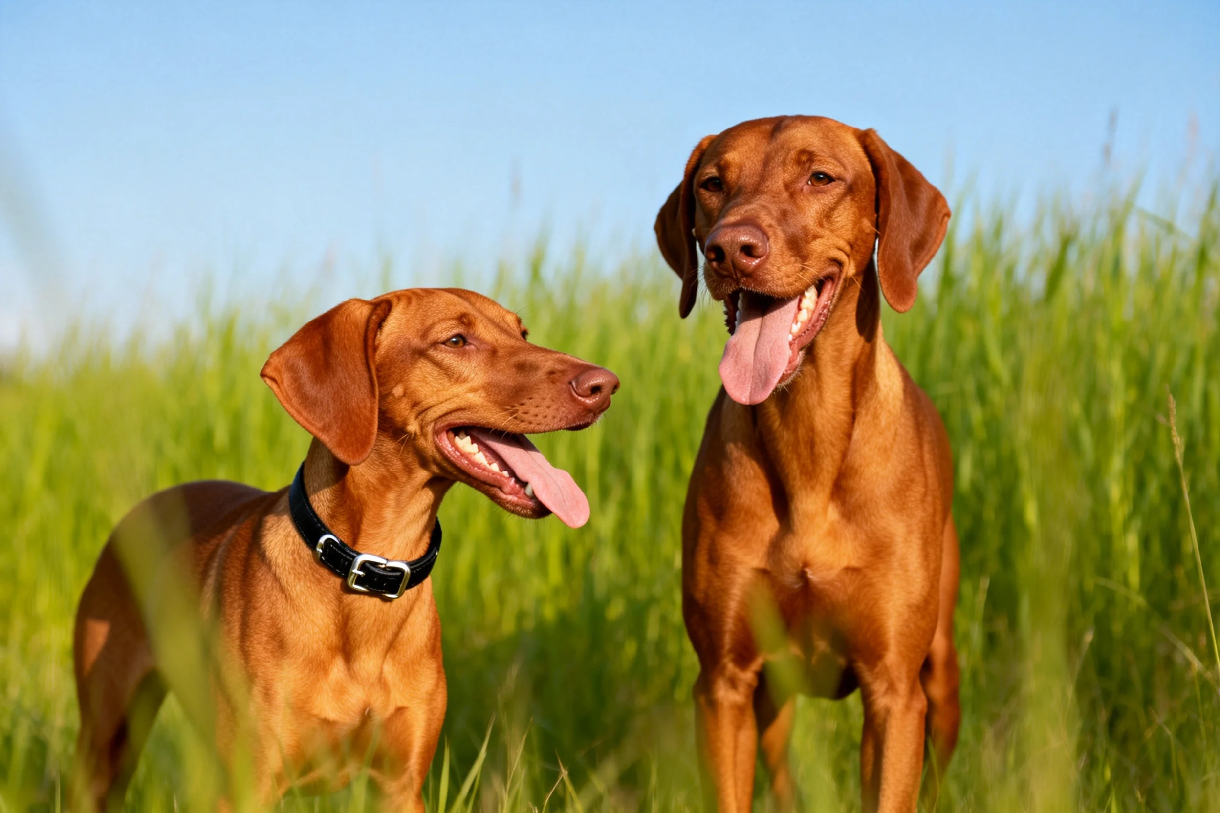 两只维兹拉犬站在草地上,红棕色毛发湿润,嘴巴张开露出粉色舌头。