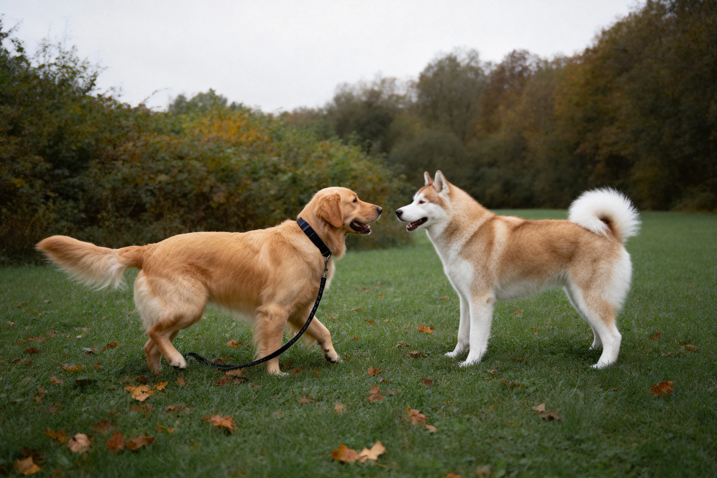 金毛寻回犬与秋田犬面对面互动,金毛身上可见牵引绳,秋田犬毛发蓬松洁白。