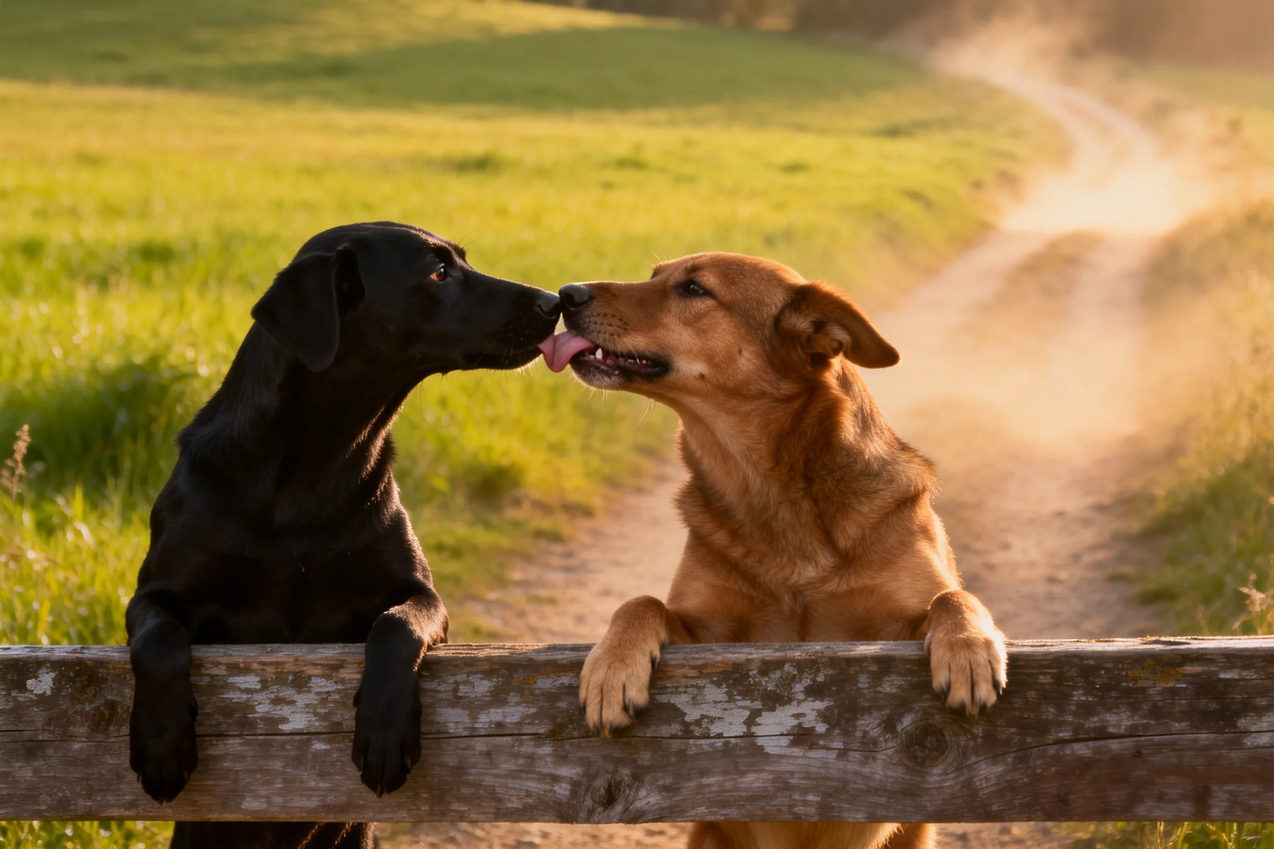 黑色拉布拉多犬与浅棕色拉布拉多犬在木栅栏上互动,浅棕色狗狗的舌头接触黑色狗狗脸部,毛发短而顺滑。