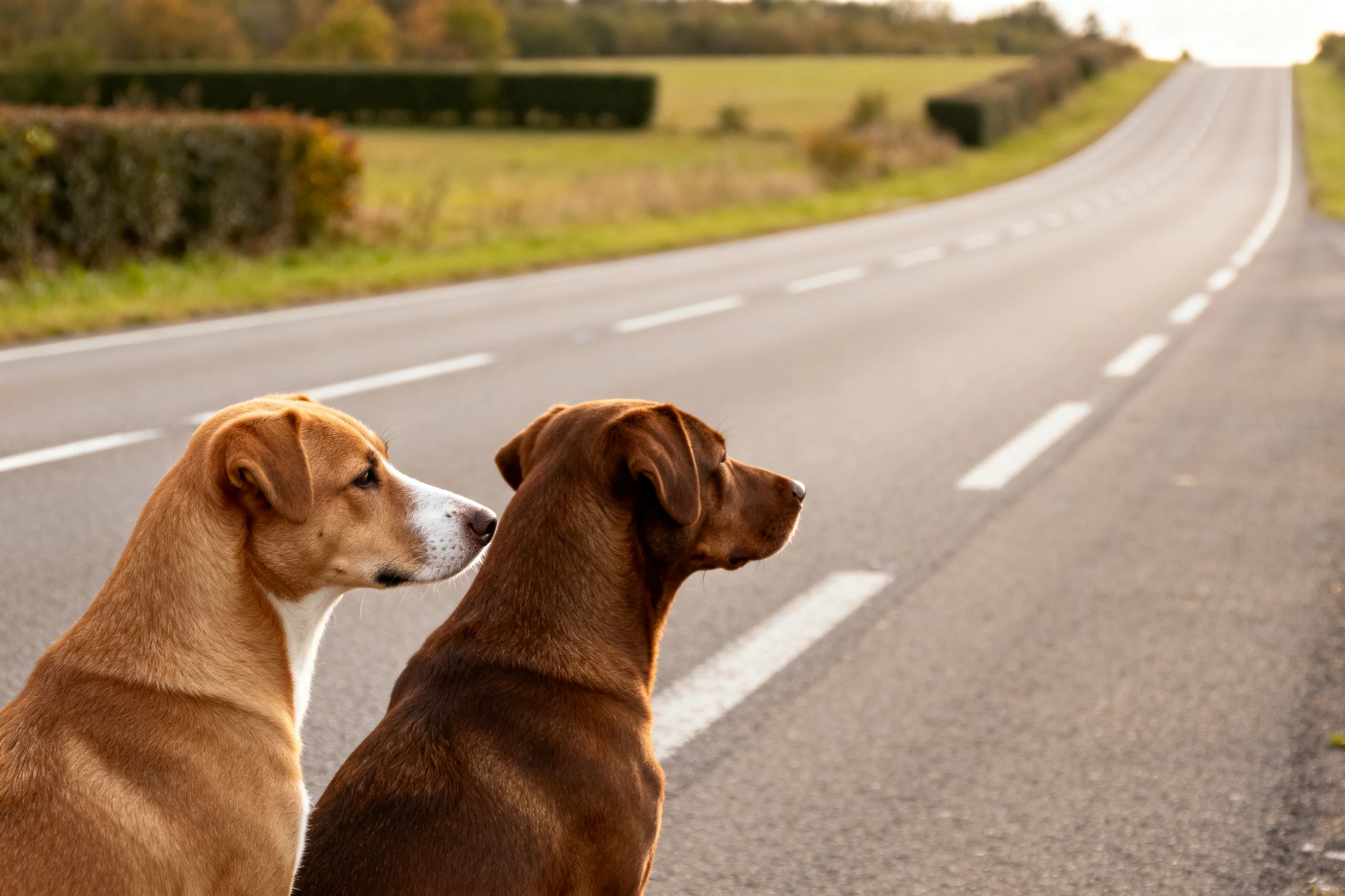 两只短毛混血犬并排坐在公路边缘,浅棕与深棕的毛发在阳光下清晰可见,姿态放松却保持警觉状态。