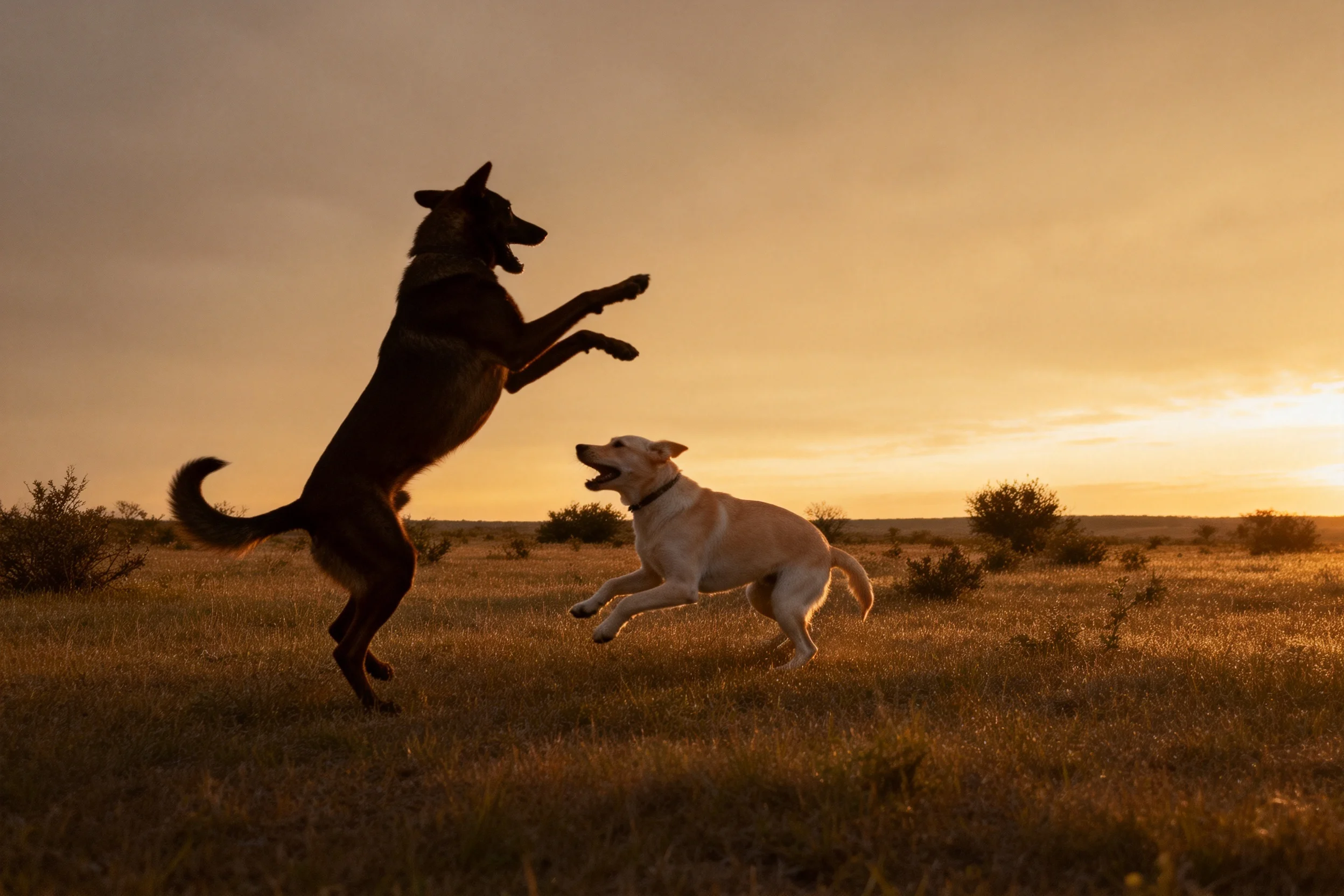 夕阳下德牧犬站立跳跃,拉布拉多犬前扑互动,德牧犬深色毛发与拉布拉多浅色被毛形成对比。