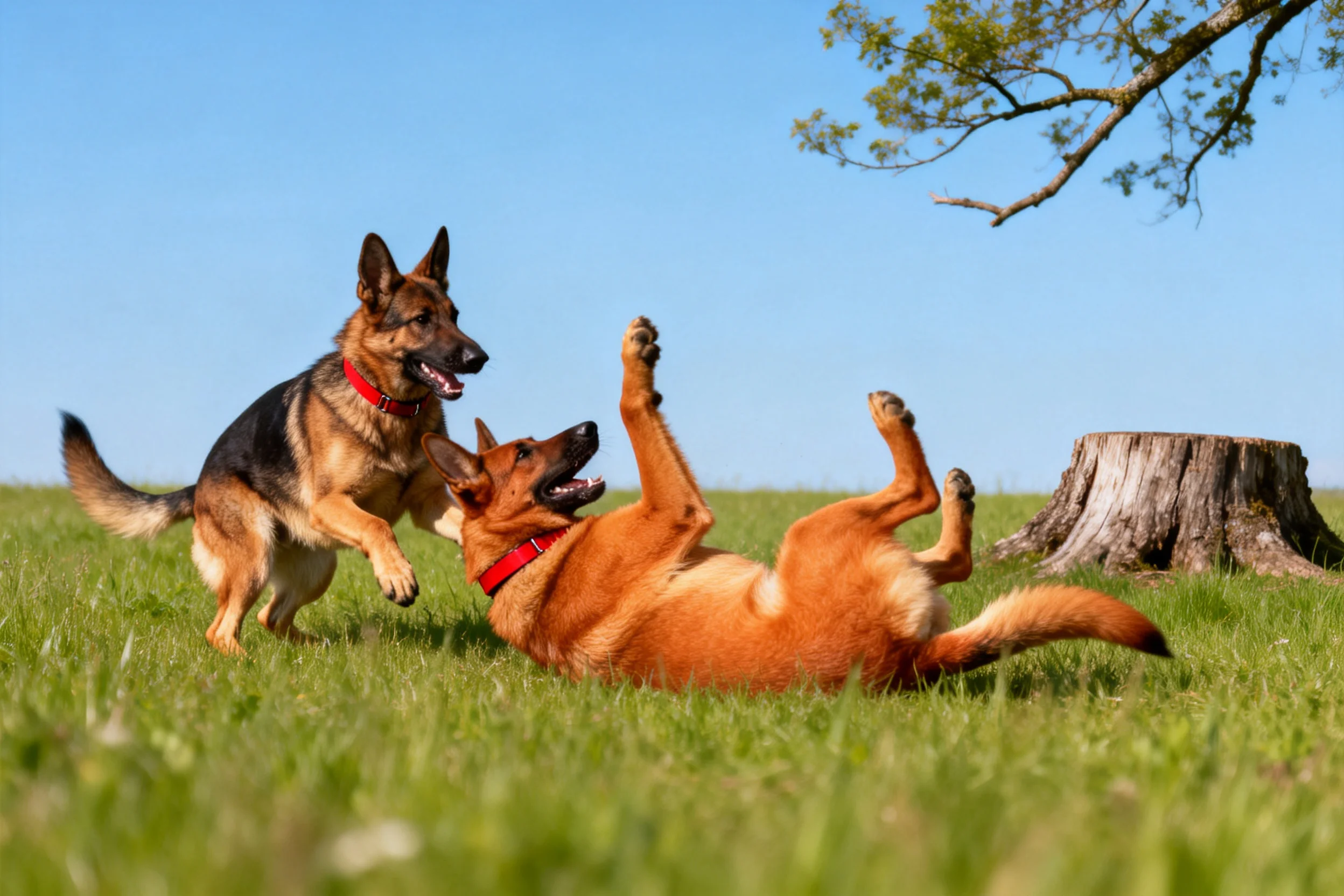 德牧犬和比利时马里努阿犬在户外草地上互动,德牧犬站立着,马里努阿犬仰躺,毛发柔软有光泽。
