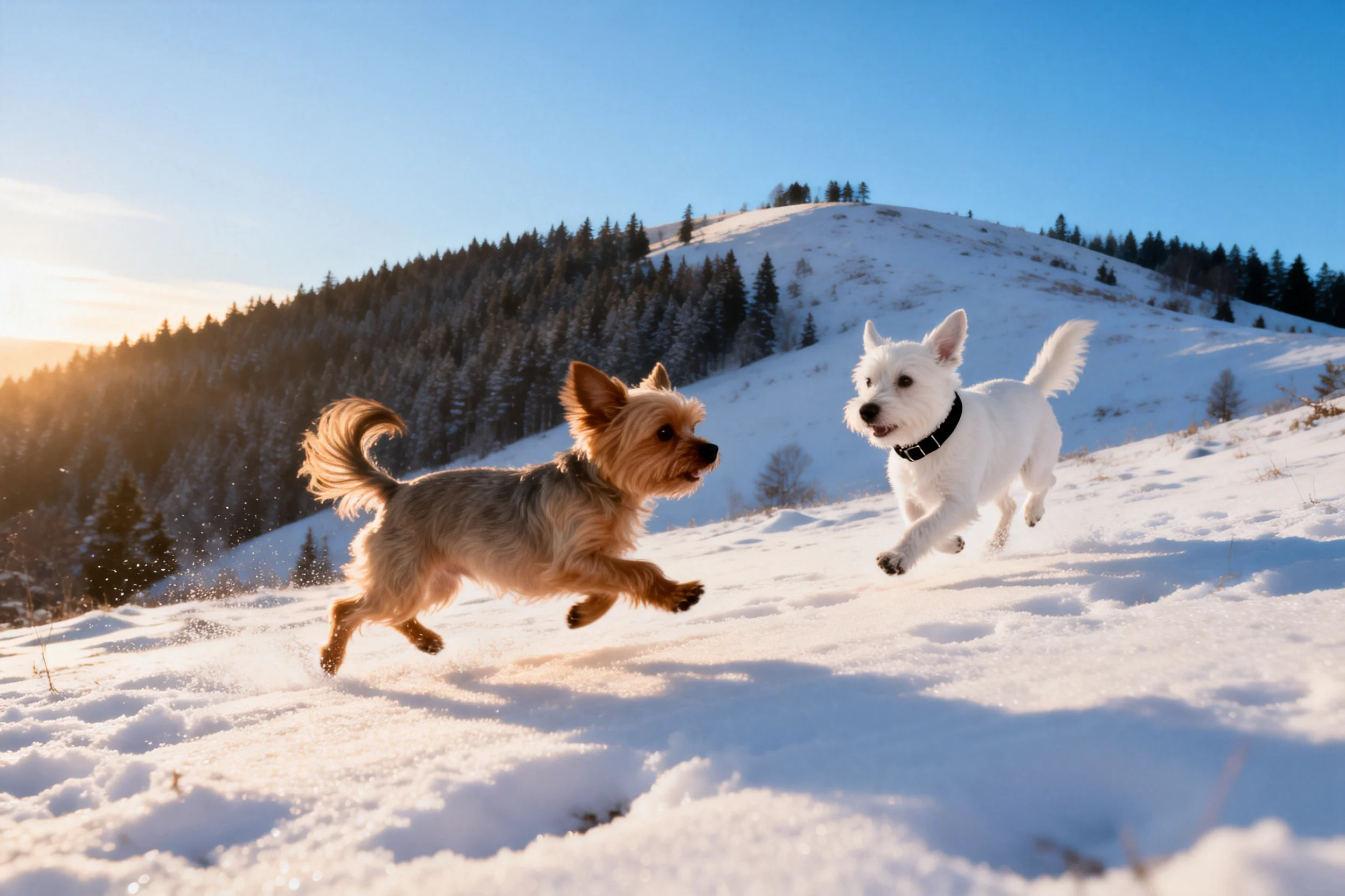 雪地中奔跑的约克夏梗犬与西高地白梗犬,约克夏梗犬浅棕色被毛带有深色斑纹,西高地白梗犬白色被毛蓬松。