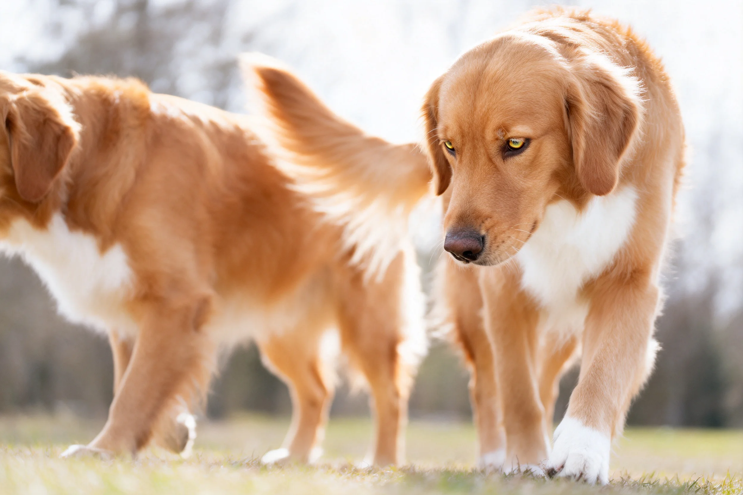 金毛寻回犬幼犬有着金黄色的毛发,前爪踩在草地上,胸部有白色毛发区域。