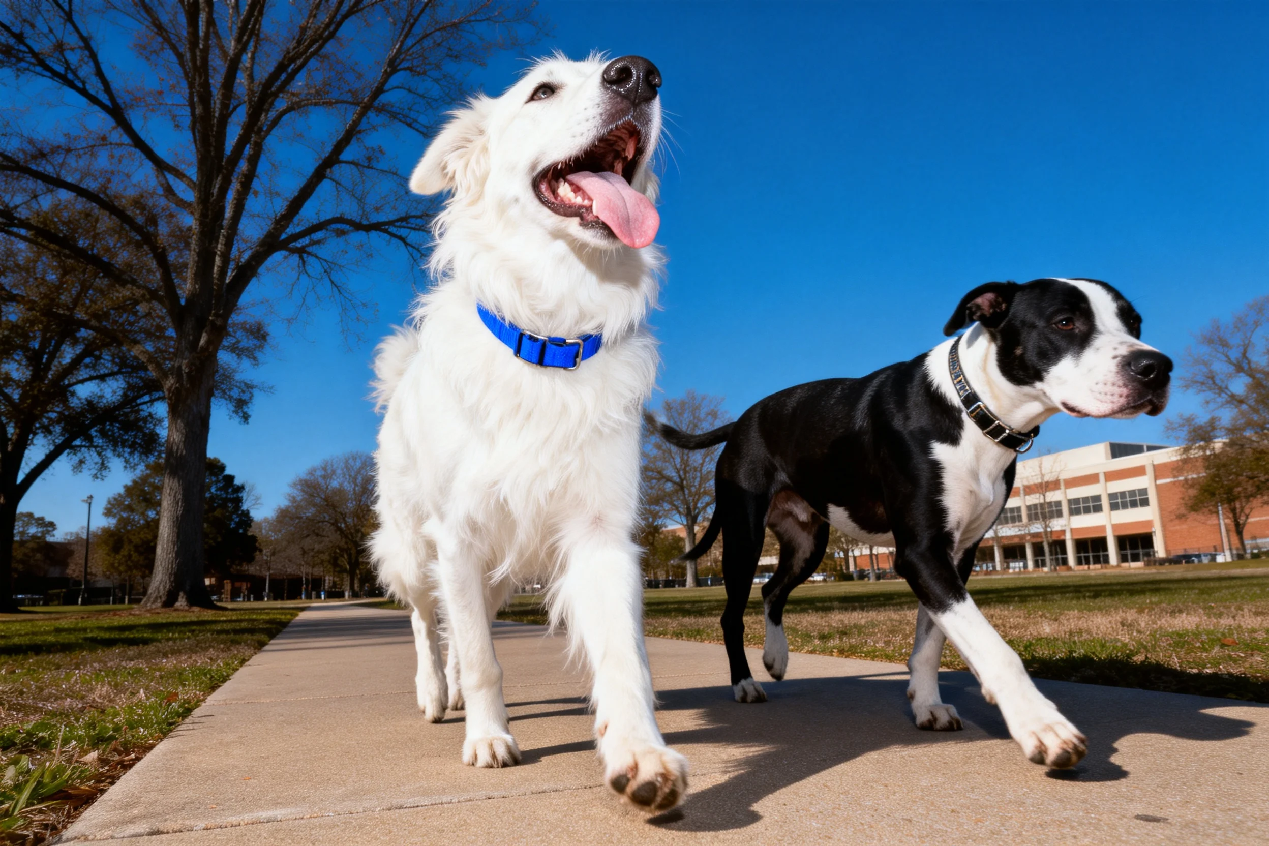 一白熊犬与拳击犬并肩行走,大白熊犬的白色毛发蓬松且带有呼吸动作特征。