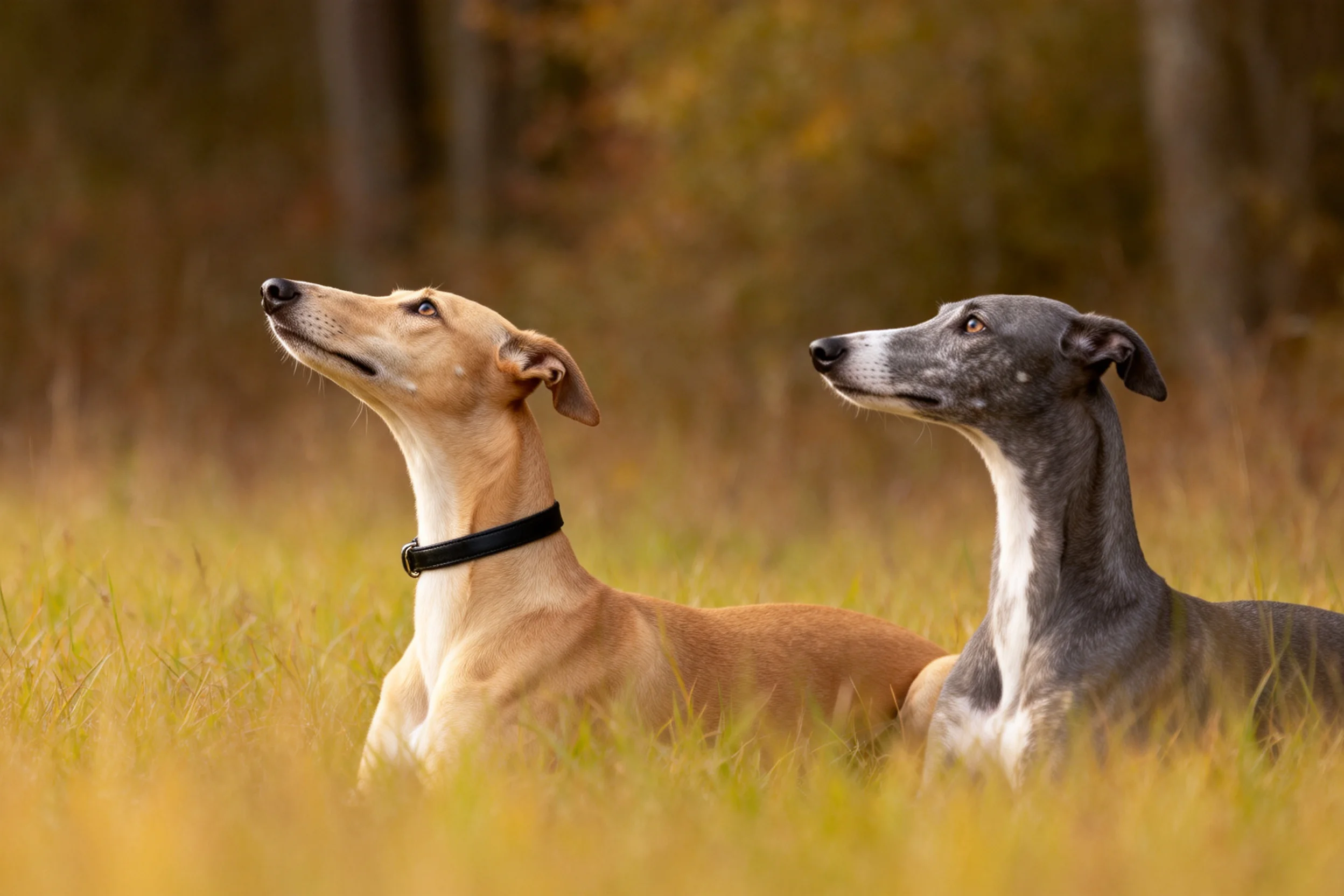 浅棕色与灰色的两只灵缇犬抬头凝视远方,修长脖颈与光滑被毛清晰可见。