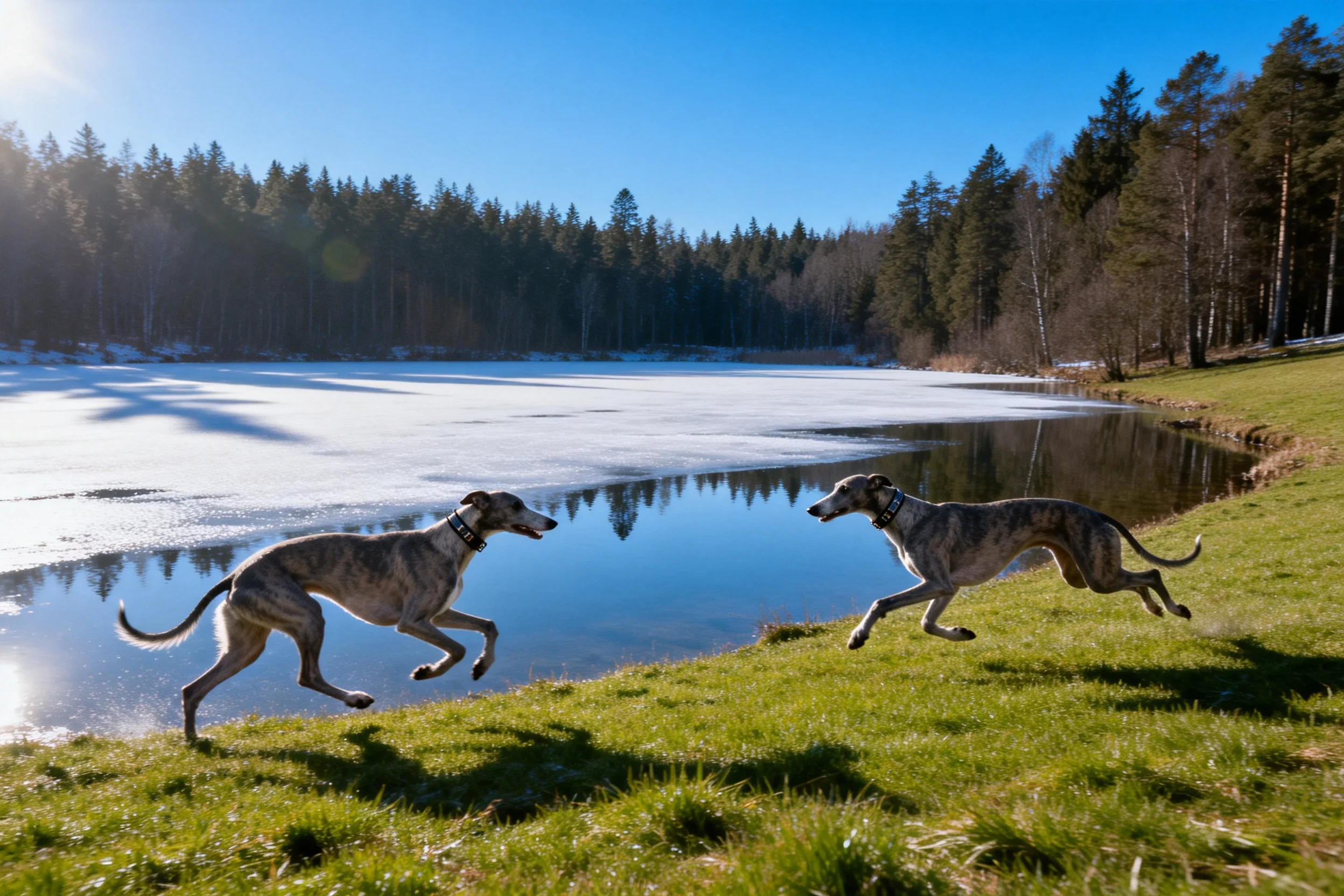 两只格力犬在湖边草地上奔跑，浅灰色带深色斑纹的犬身在阳光下清晰可见。