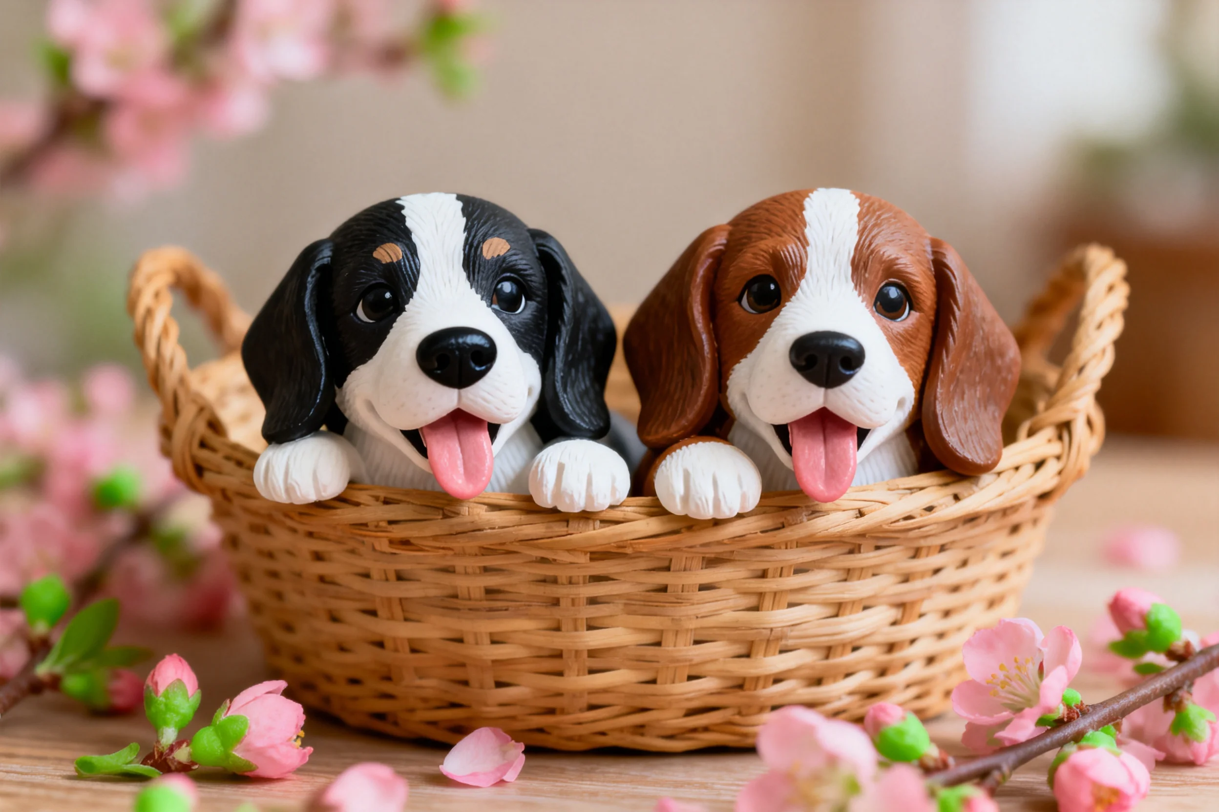 两只比格犬玩偶张着嘴,粉色舌头外露,放置在编织篮内,周围环绕粉色花卉。