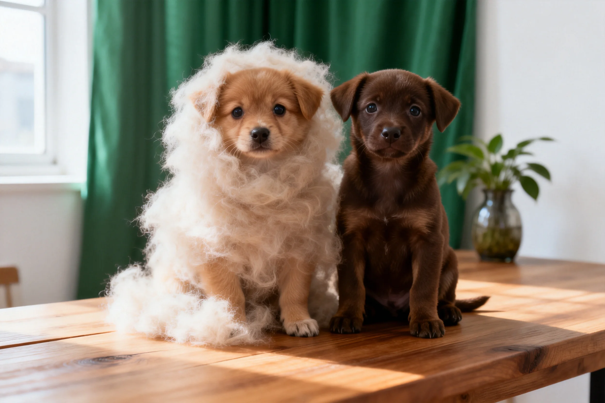 深棕色拉布拉多幼犬与身披白色蓬松物的幼犬同框，深棕色幼犬短毛顺滑，白色蓬松物柔软有弹性。
