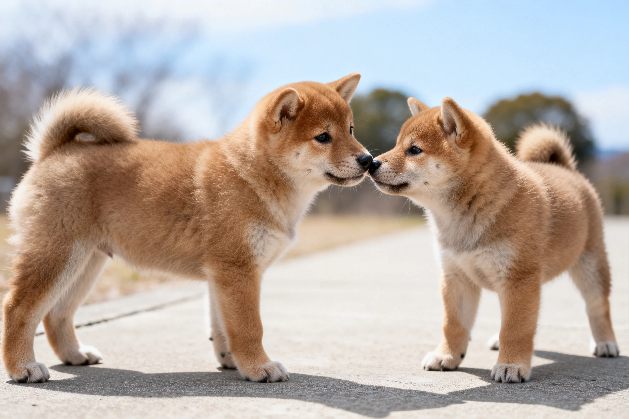 两只柴犬小狗正以友好姿态触碰鼻子,红棕色毛发在阳光下显得柔软蓬松。