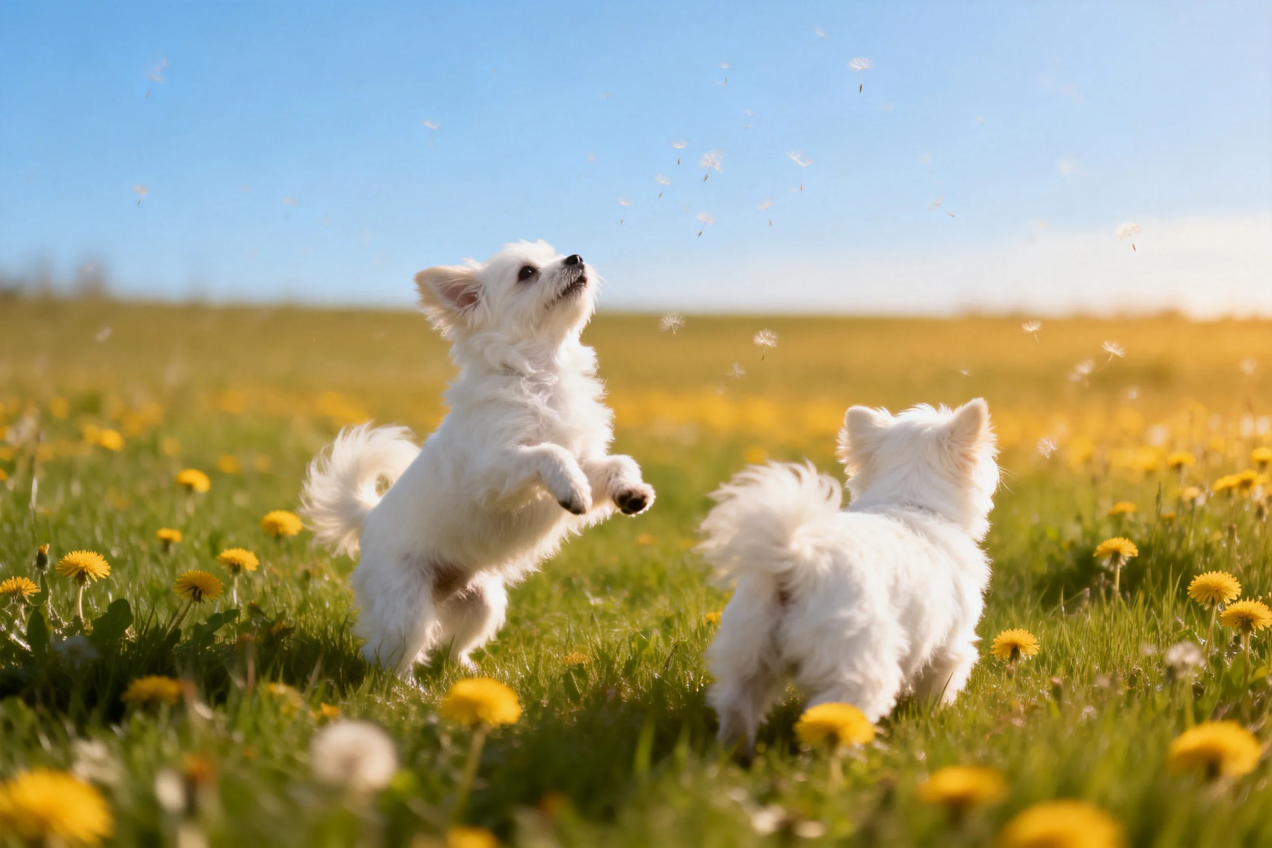 两只白色马尔济斯犬在花草地上玩耍，其中一只前爪离地，毛发蓬松洁白。