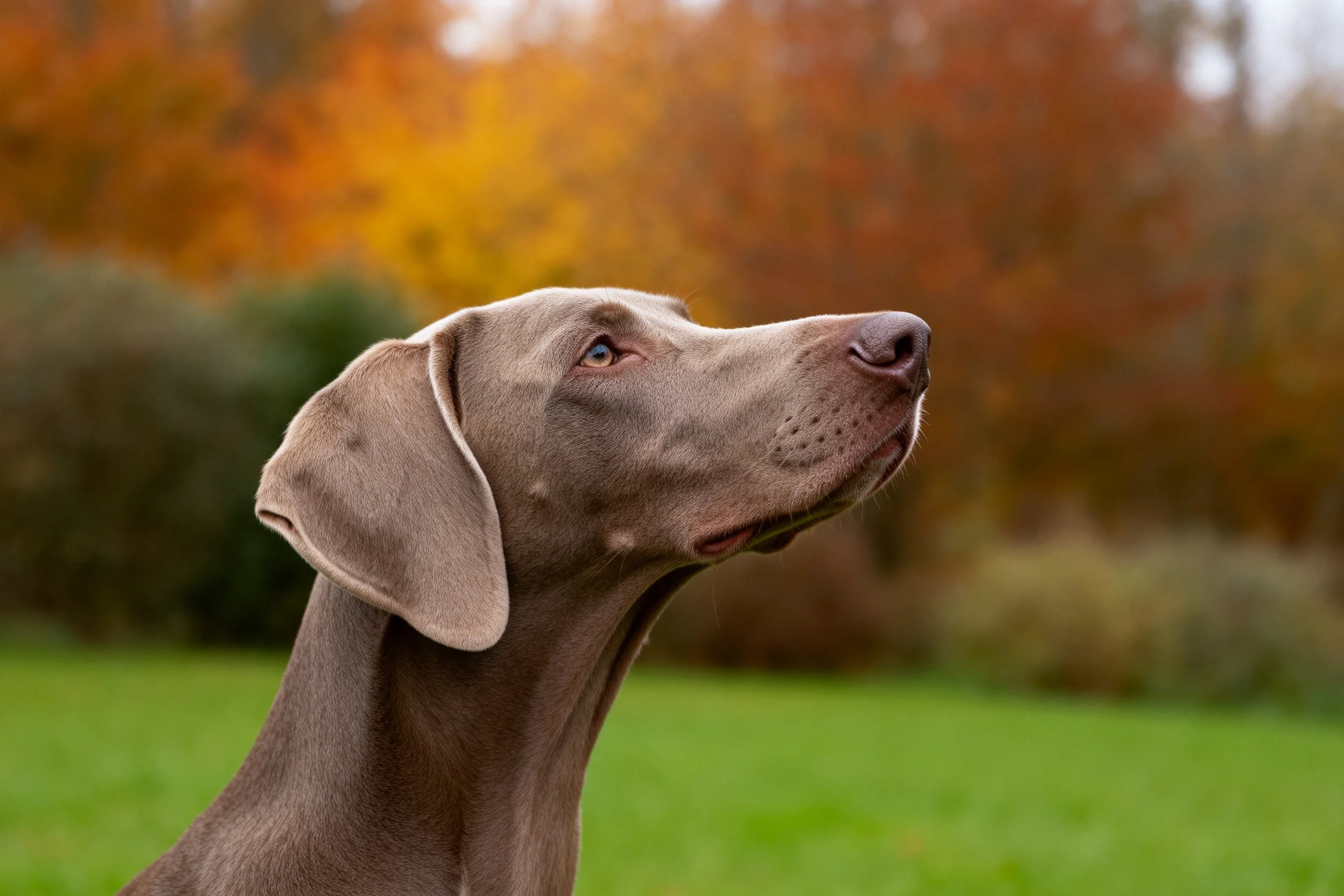 一只威玛犬抬头仰望,灰色毛发顺滑,眼神专注,背景是色彩丰富的秋季树林。