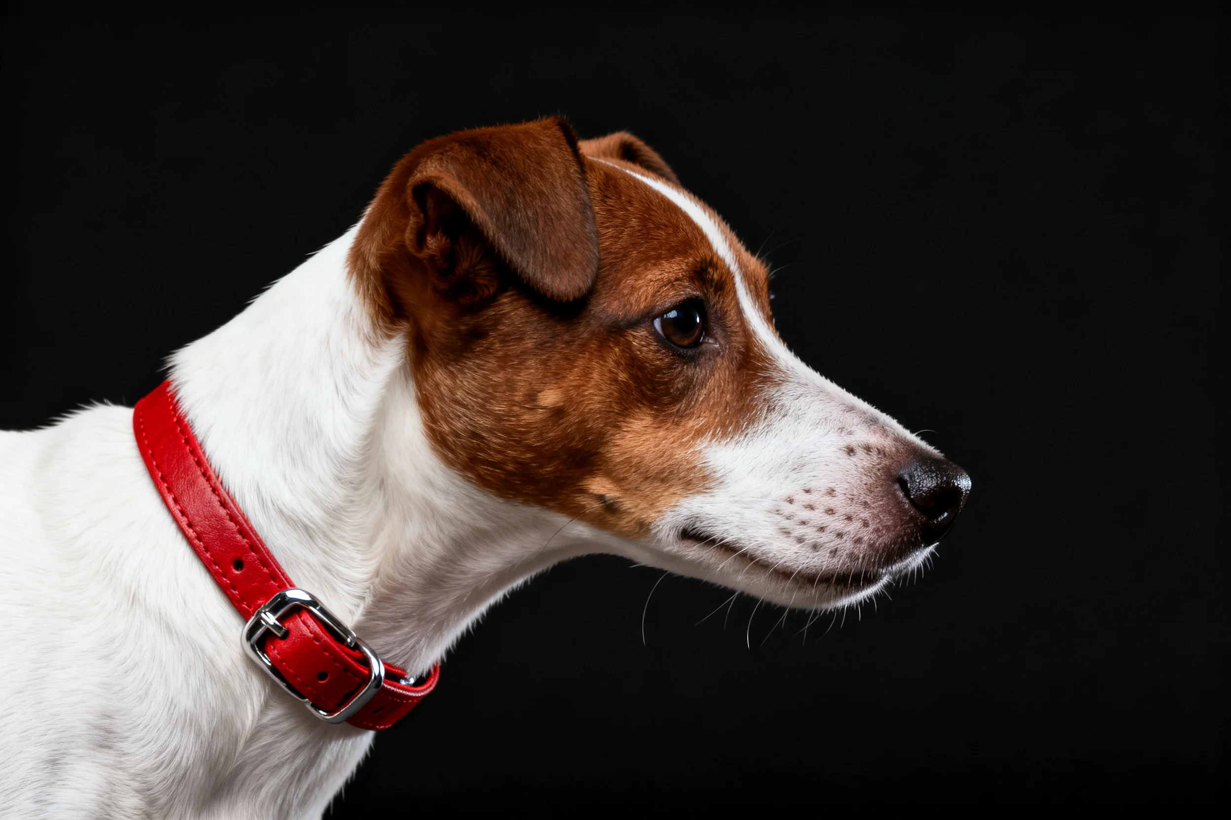 杰克罗素梗犬,白色与棕色相间的被毛,戴着红色皮质项圈,目光看向右侧方向。