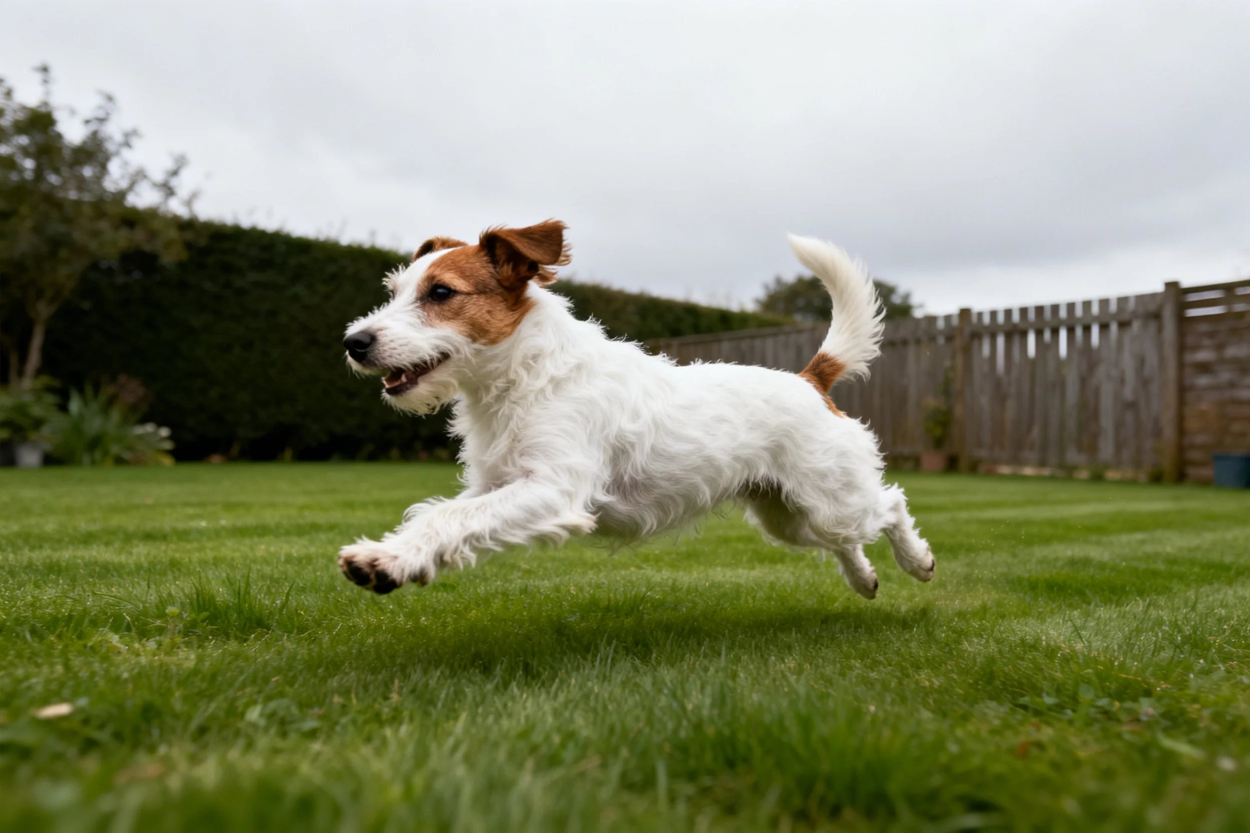 一只白色带棕色斑纹的 Jack Russell 梗犬在绿色草坪上奔跑,蓬松毛发随动作扬起。