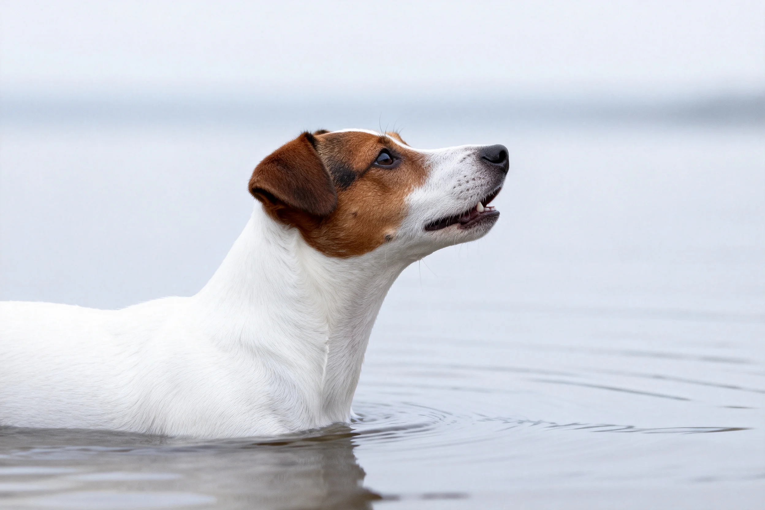 杰克罗素梗犬在水中游泳,白色身体与棕色头部清晰可见,水面泛起涟漪。