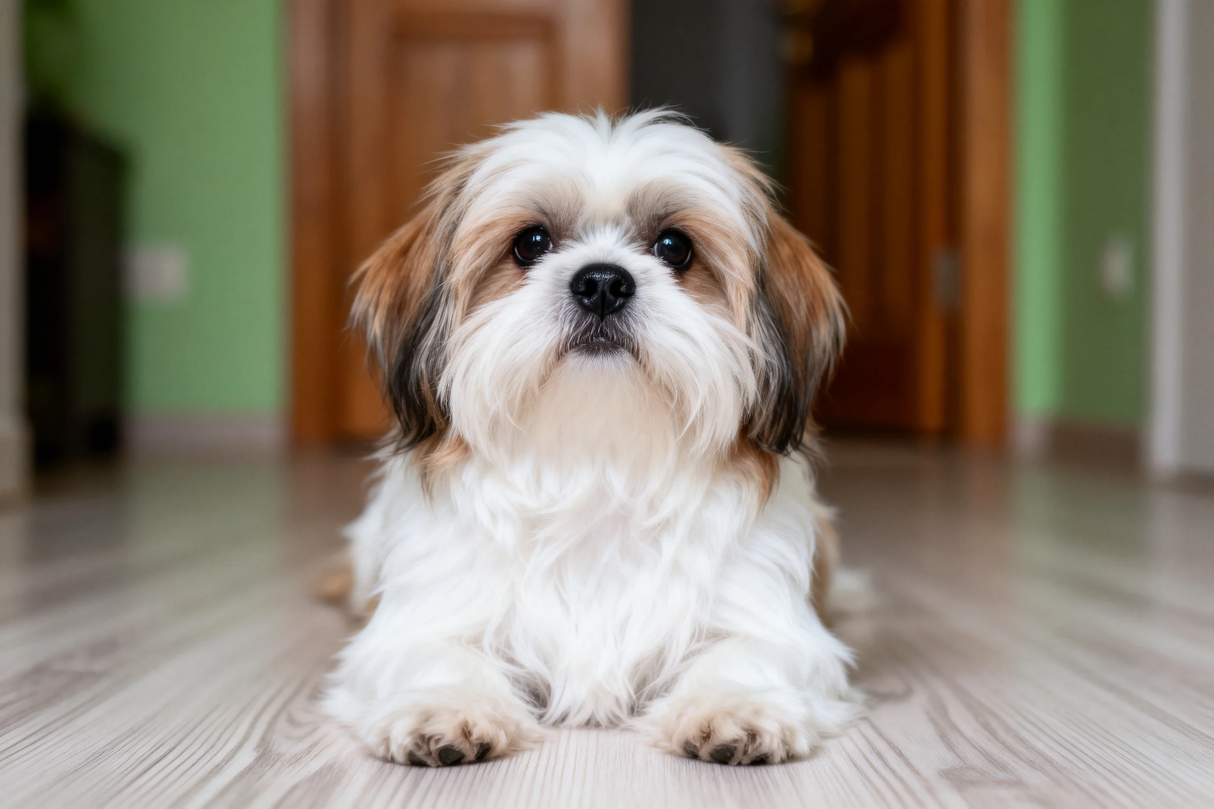 西施犬趴在浅色木地板上,白色和棕色相间的长卷毛清晰呈现。