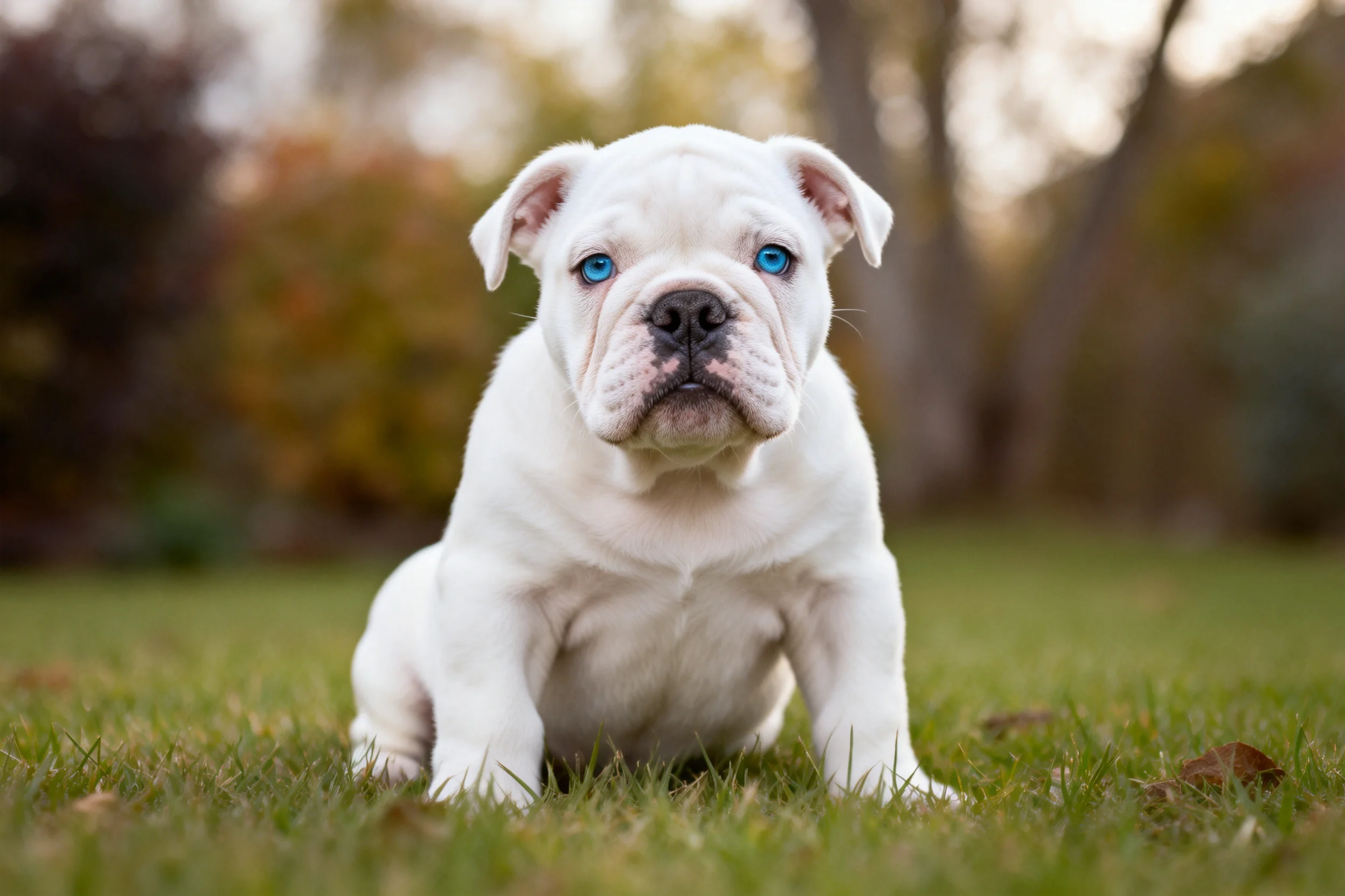 一只白色的英国斗牛犬幼犬,蓝眼睛注视前方,毛发柔软蓬松。
