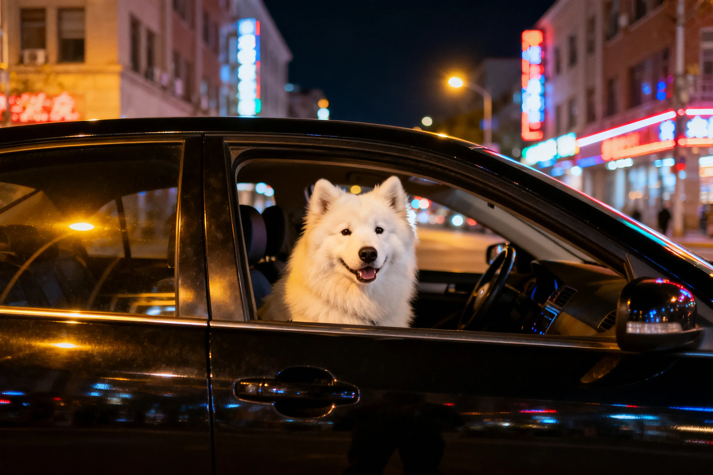萨摩耶犬头部探出黑色轿车车窗,白色蓬松毛发在灯光下清晰可见。