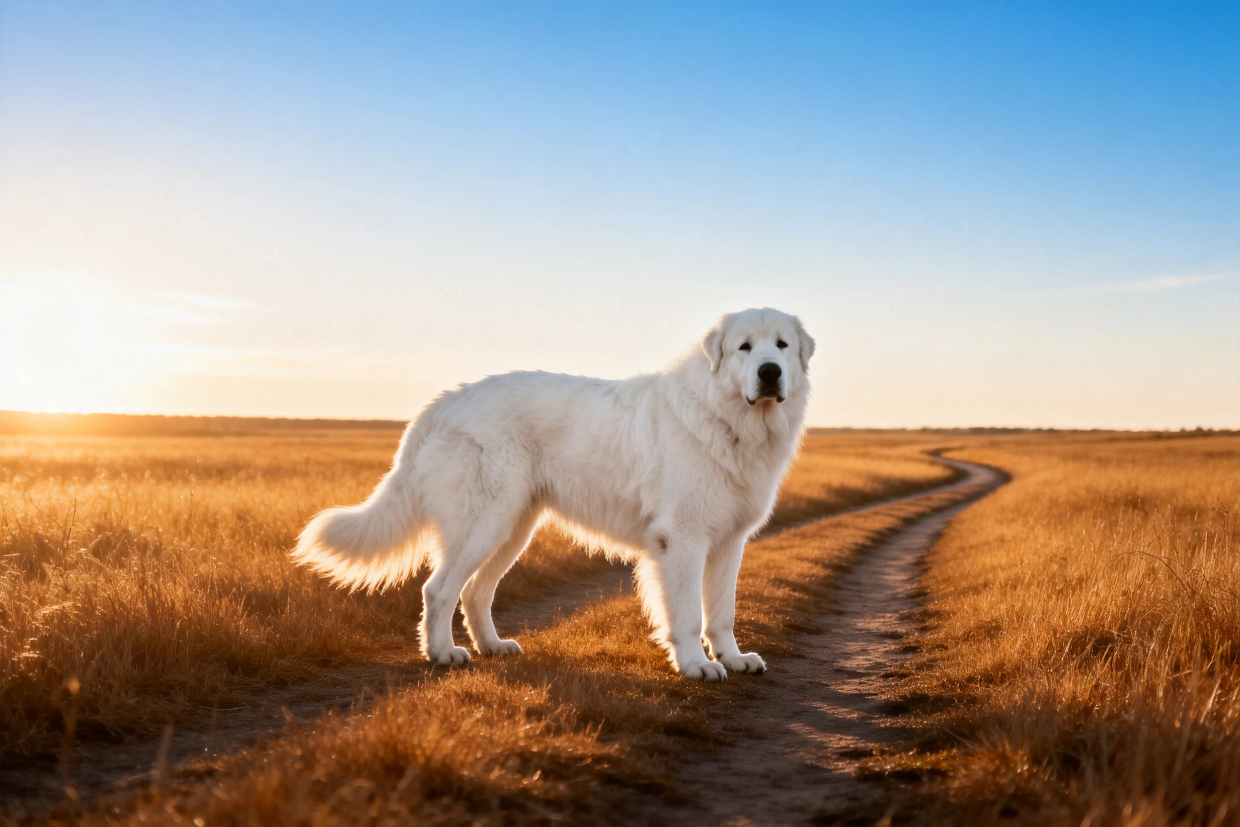 一只白色的大白熊犬站在土路上,蓬松的毛发在夕阳下显得洁白柔软。