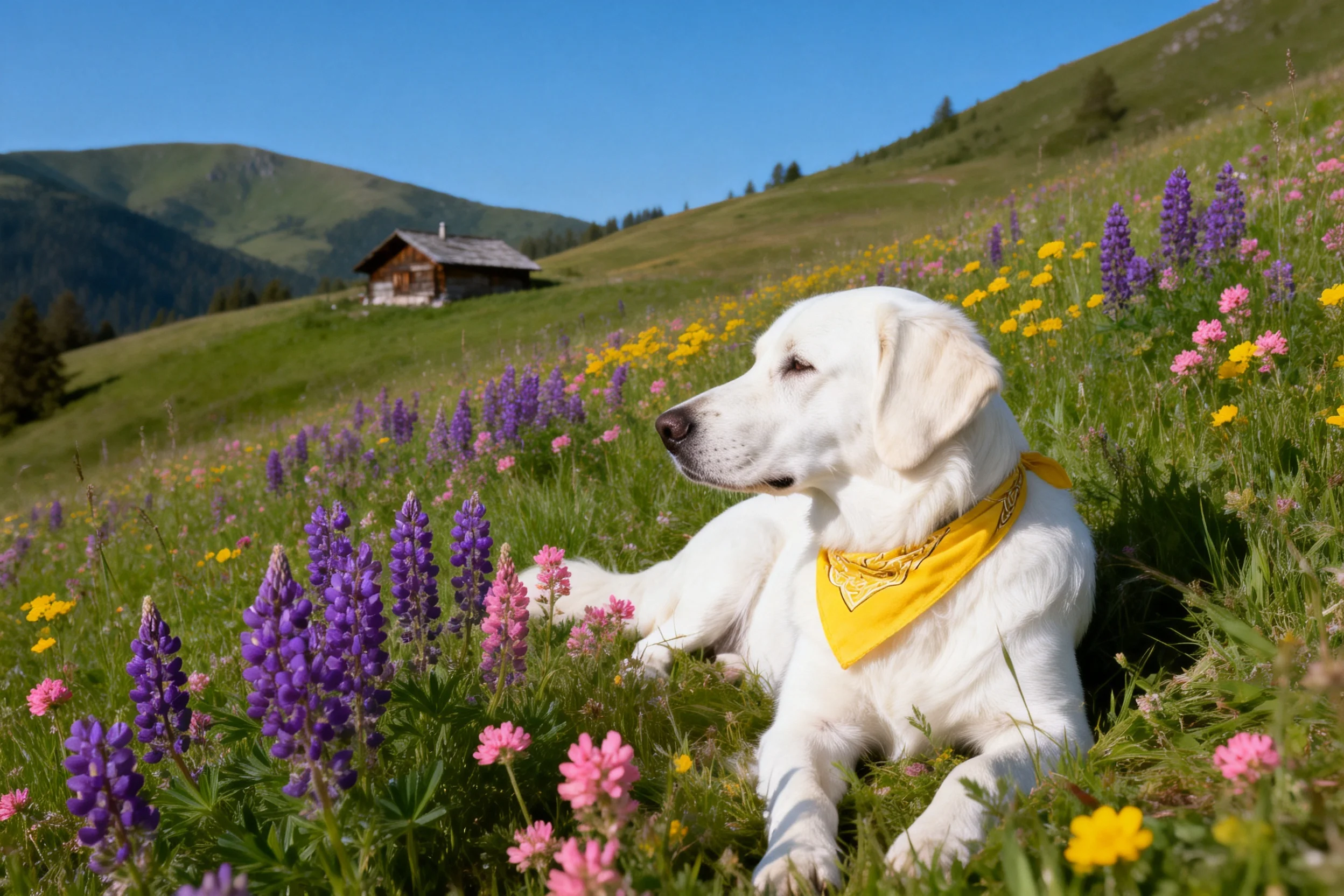 金毛寻回犬安静地躺卧在花丛中,白色的被毛与彩色野花形成鲜明对比。