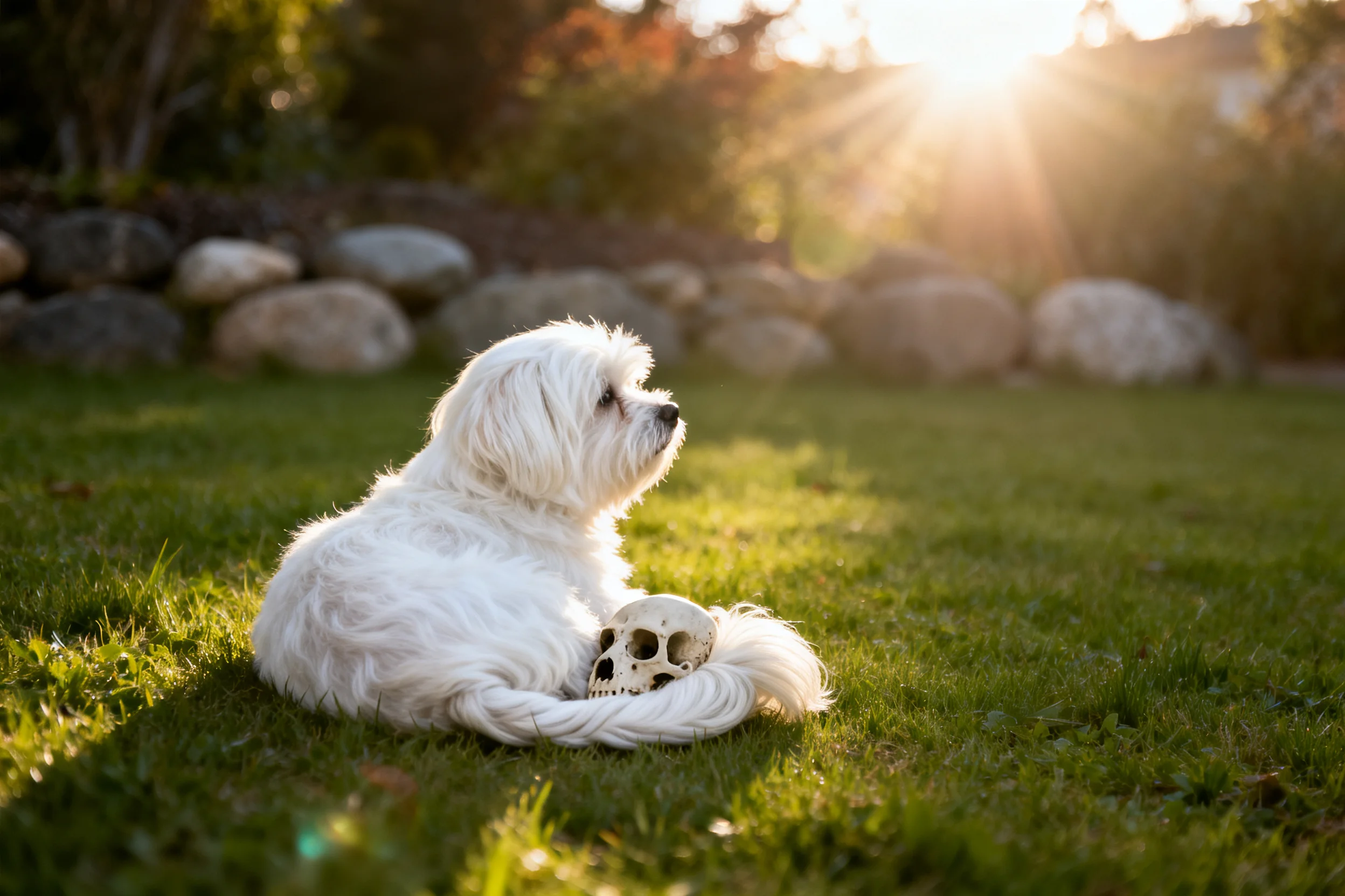 一只马尔济斯犬安静地坐在阳光照射的绿色草地上,白色的蓬松毛发在阳光下显得柔软洁白。
