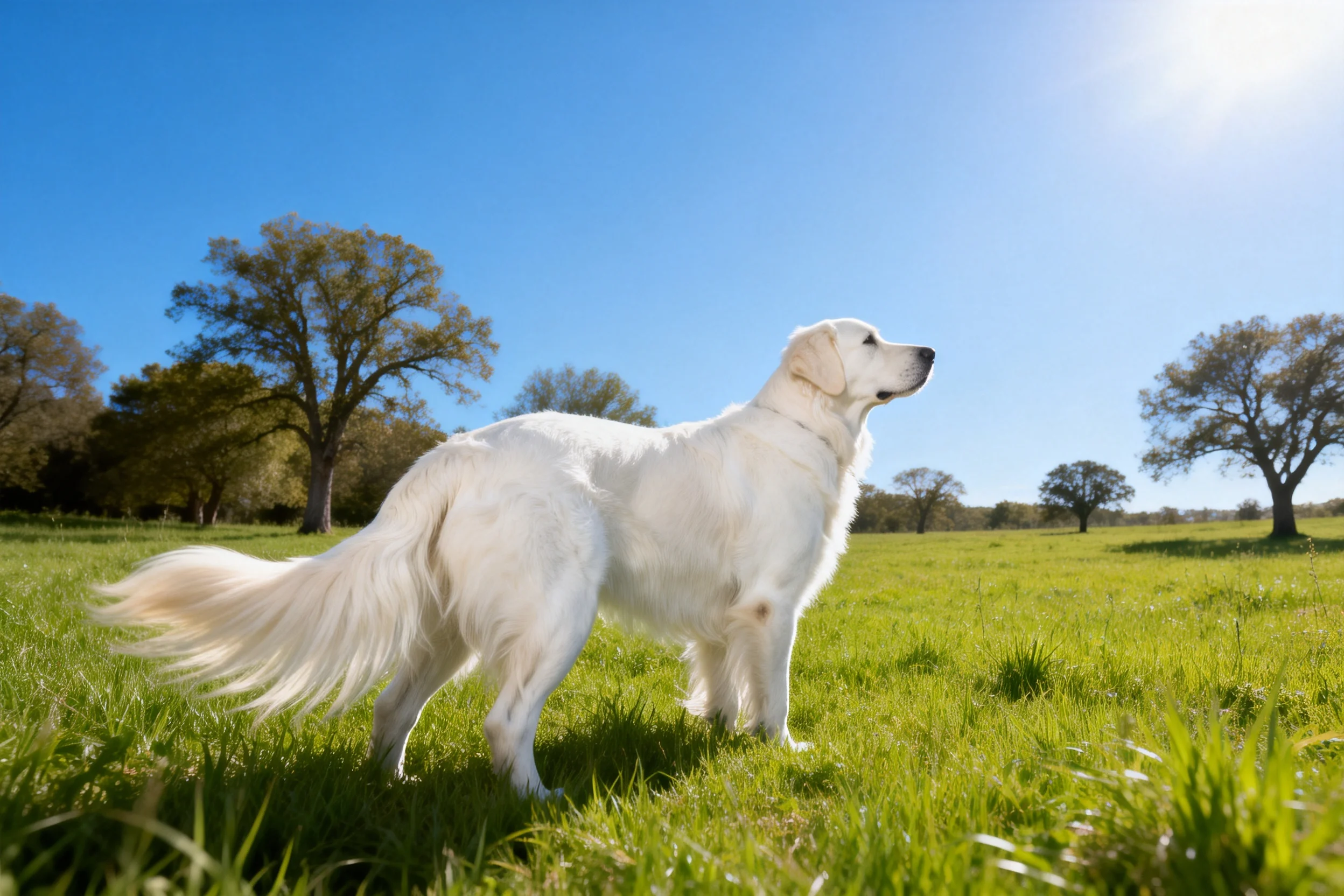 一只金毛寻回犬站在草地上,白色蓬松被毛在阳光下清晰可见。