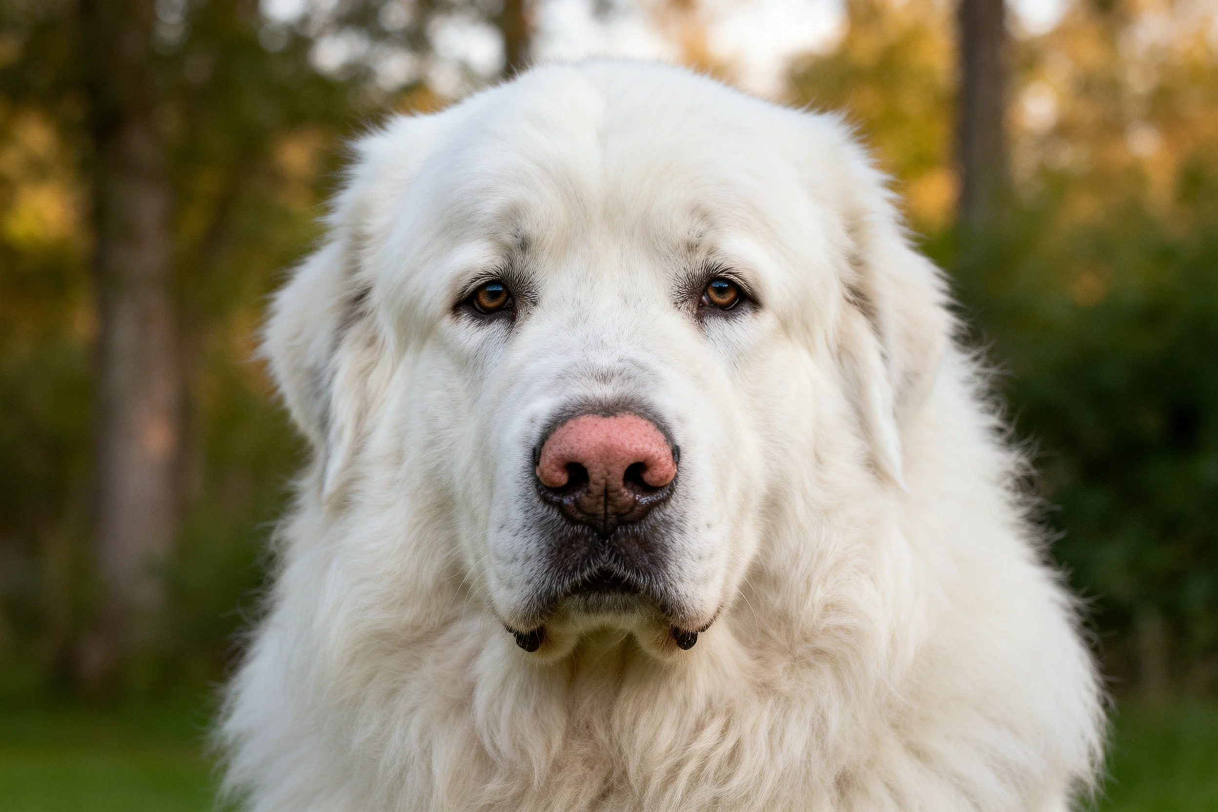 一只大白熊犬,有着蓬松洁白的毛发和淡粉色鼻头,安静地站在户外环境中。