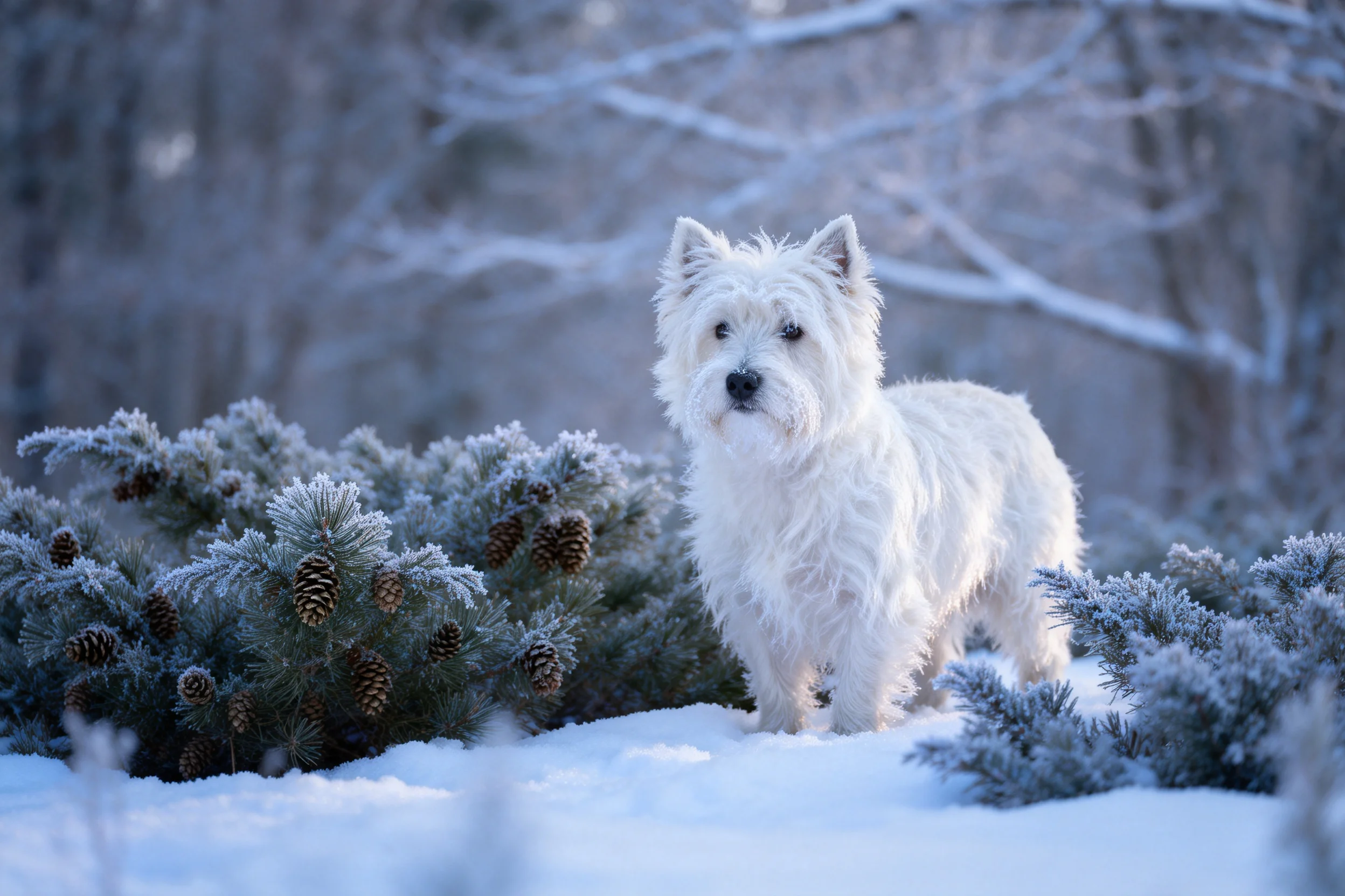 西高地白梗犬,白色蓬松毛发在雪地中显得洁白柔软,黑色鼻尖清晰可见。