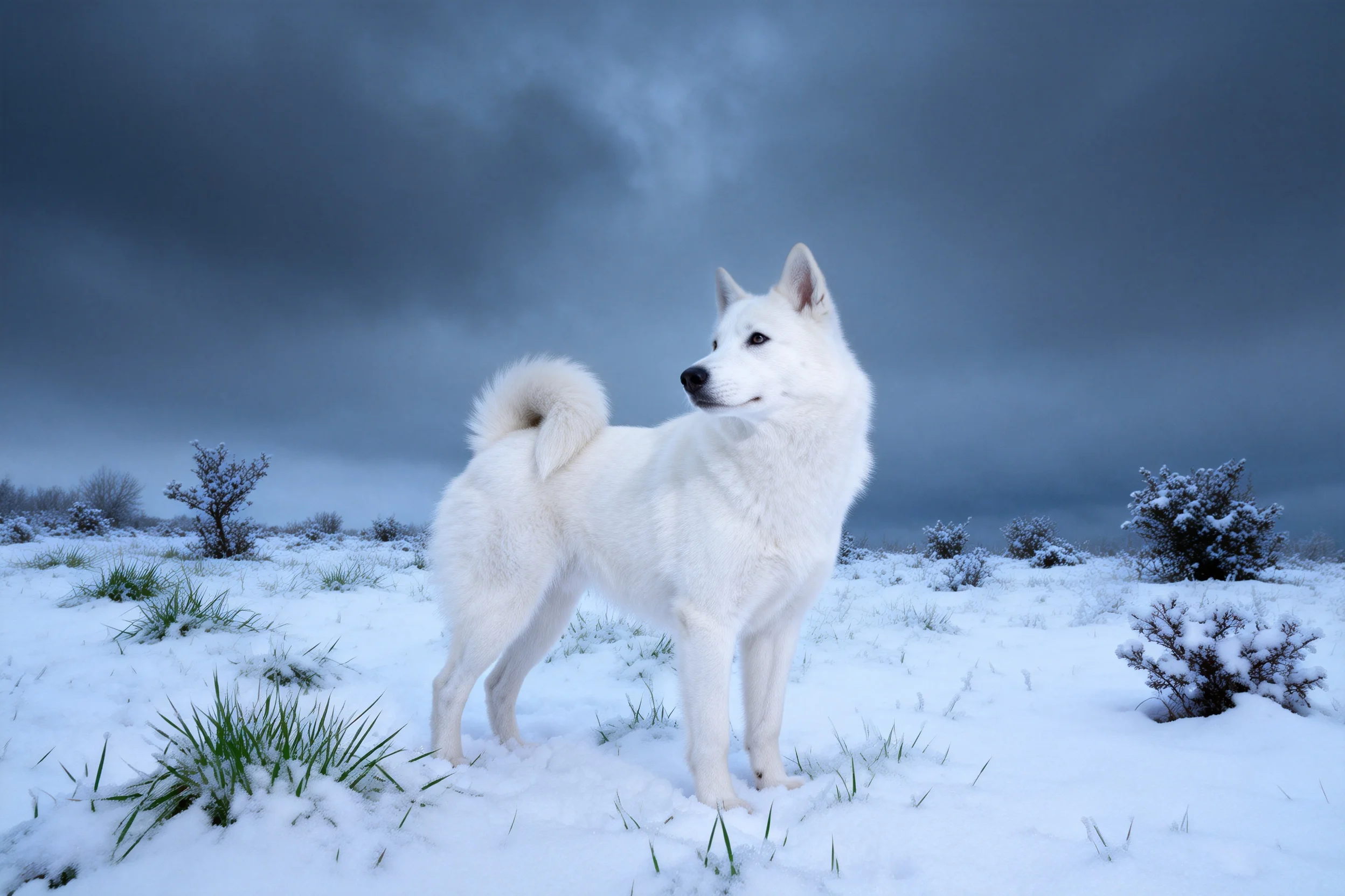 一只白色日本斯皮茨犬站在雪地上,它有着蓬松的白色毛发,尾巴卷曲,目光看向左侧方向。