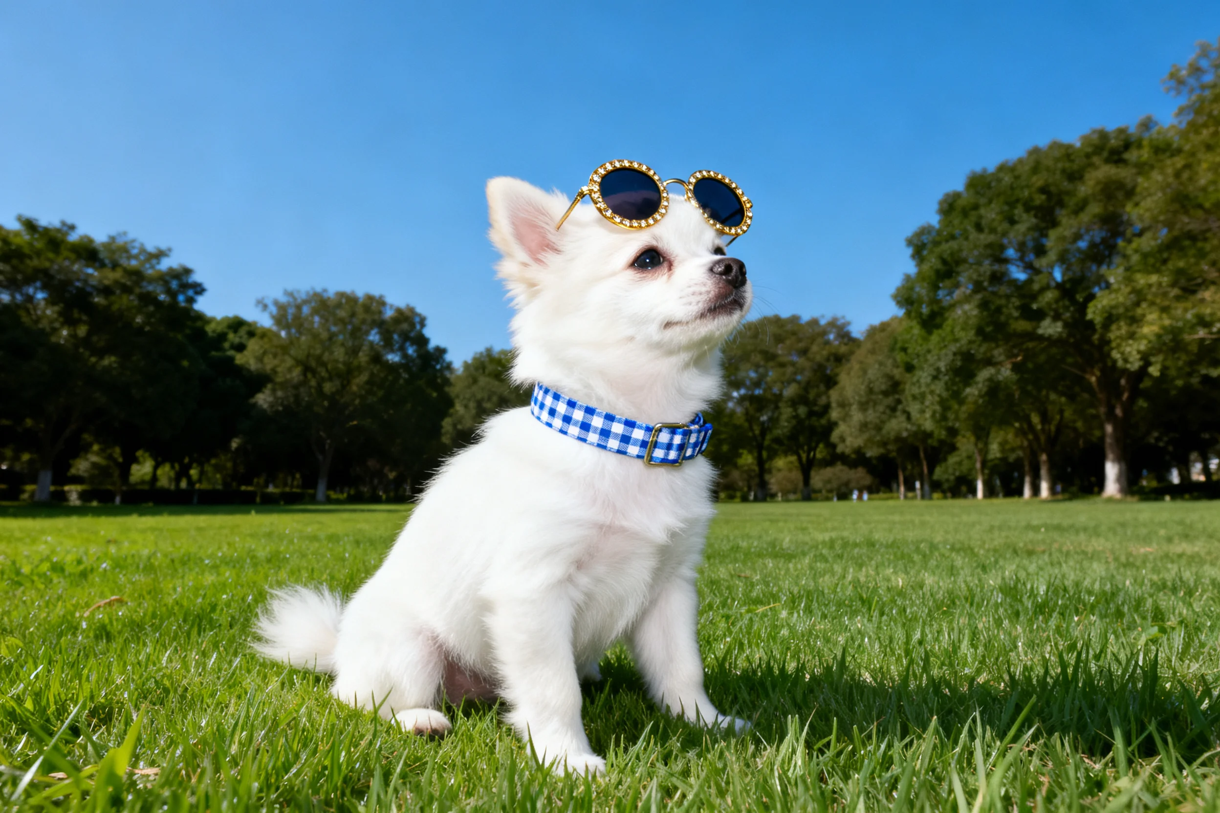 一只博美犬戴着带金色边框的圆形太阳镜坐在,脖颈处系着蓝白格纹项圈,安静地坐在绿色草坪上。
