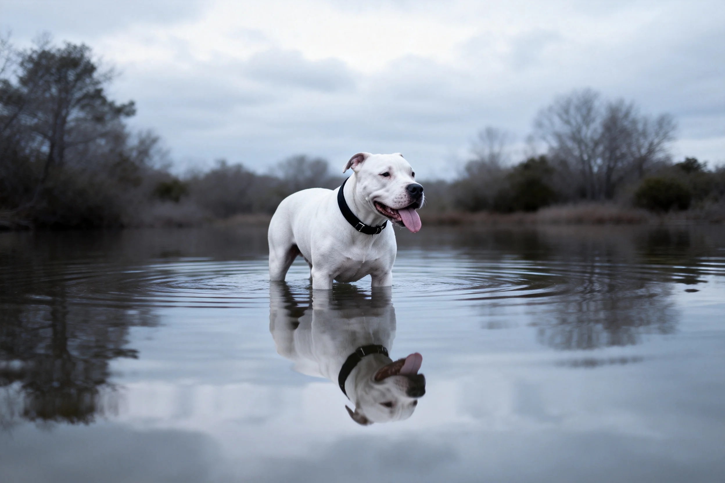 斯塔福德梗犬在浅水中站立,白色毛发与黑色项圈在湿润环境中显得格外醒目,水面清晰倒映出它的姿态。