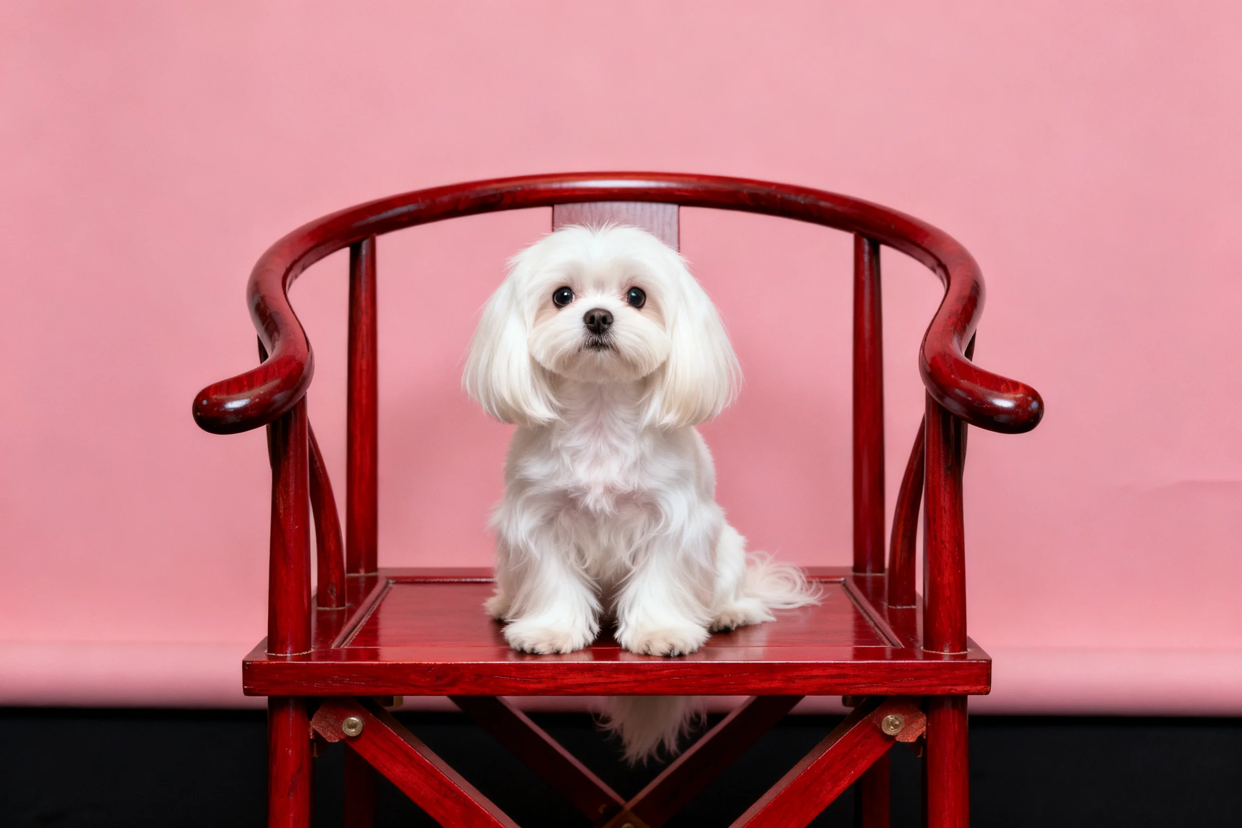 马尔济斯犬安静地坐在红色木椅上，洁白蓬松的毛发清晰可见。