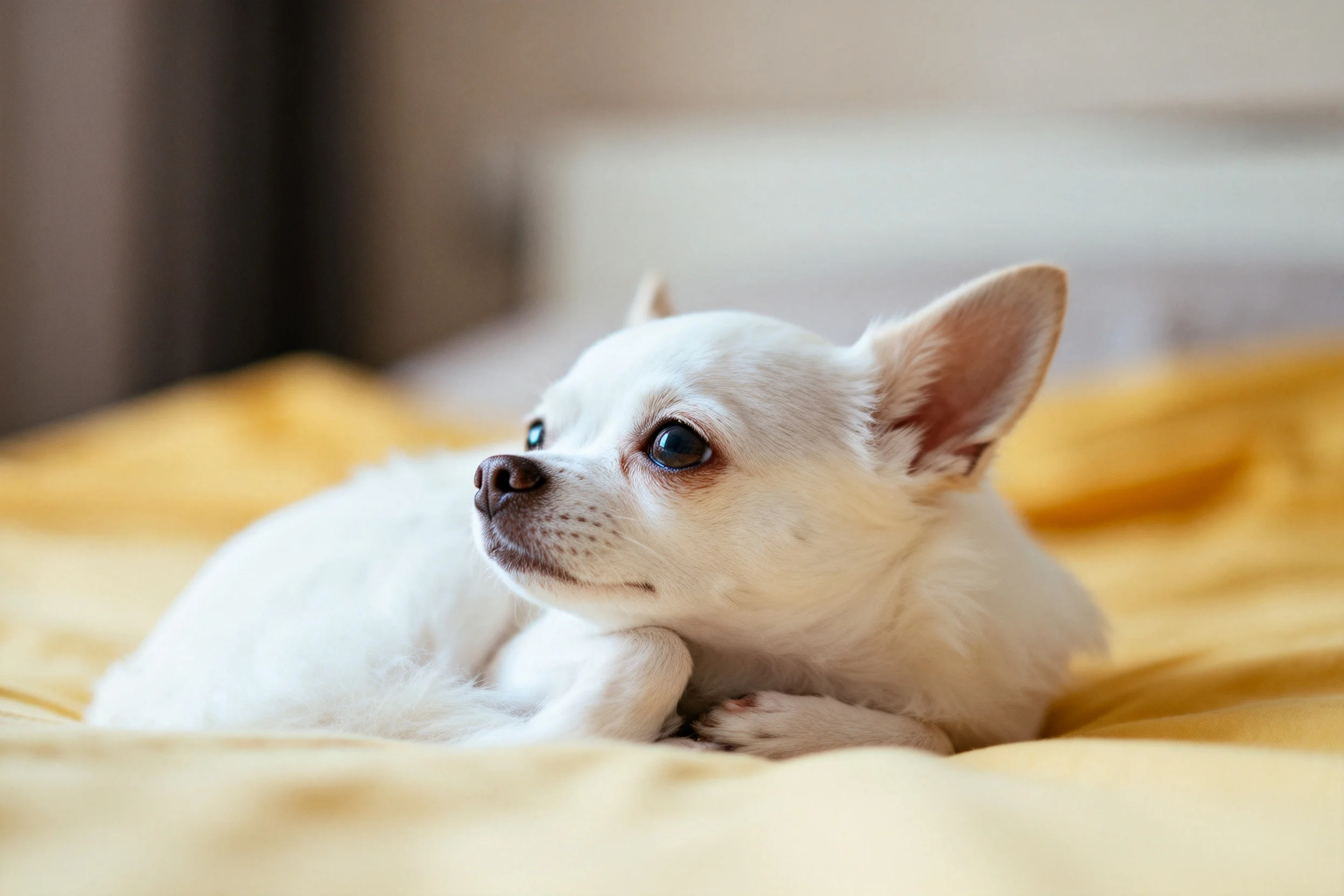 这只白色的吉娃娃犬有着蓬松柔软的白色被毛,耳朵竖立,眼神专注地看向一旁。