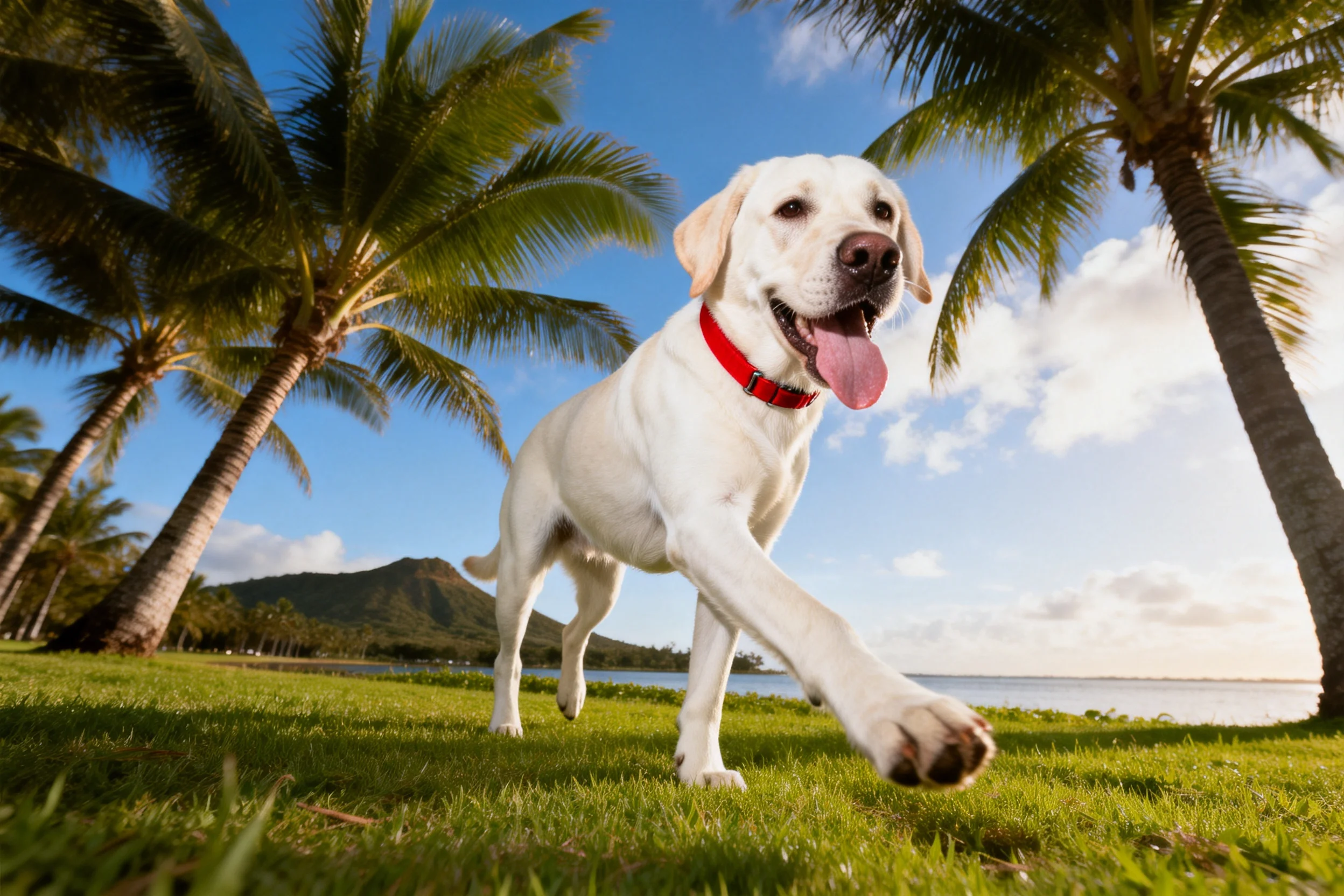 拉布拉多猎犬白色毛发在阳光下,张开的嘴巴露出湿润的粉色舌头。