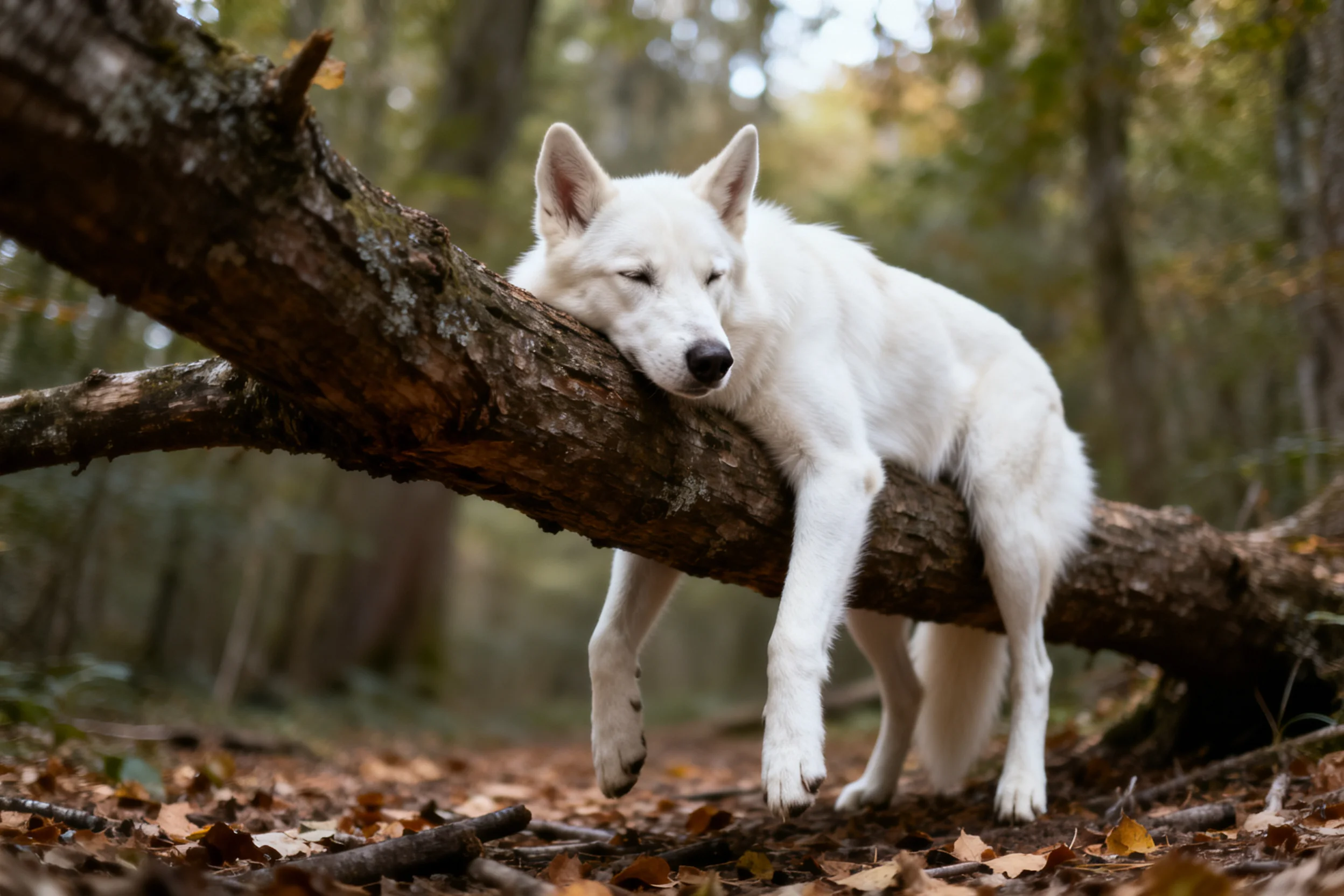 白瑞士牧羊犬将头部靠在倒下的树干上,洁白毛发与深色树干形成对比。
