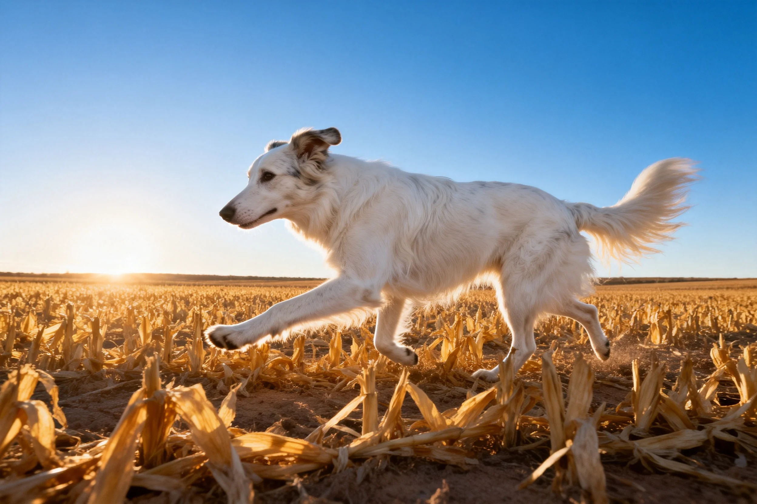 一只白色长毛牧羊犬在收割后的农田中奔跑,毛发蓬松洁白,姿态矫健有力。