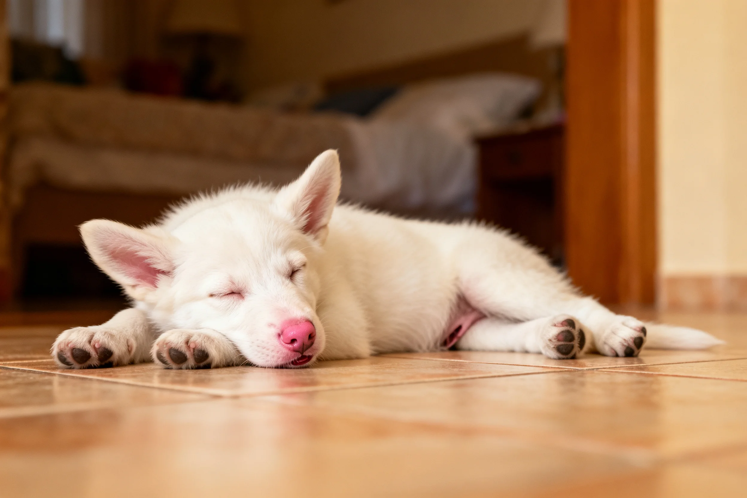 西伯利亚雪橇犬幼犬安静地躺着,白色毛发柔软,双眼微闭处于睡眠状态。