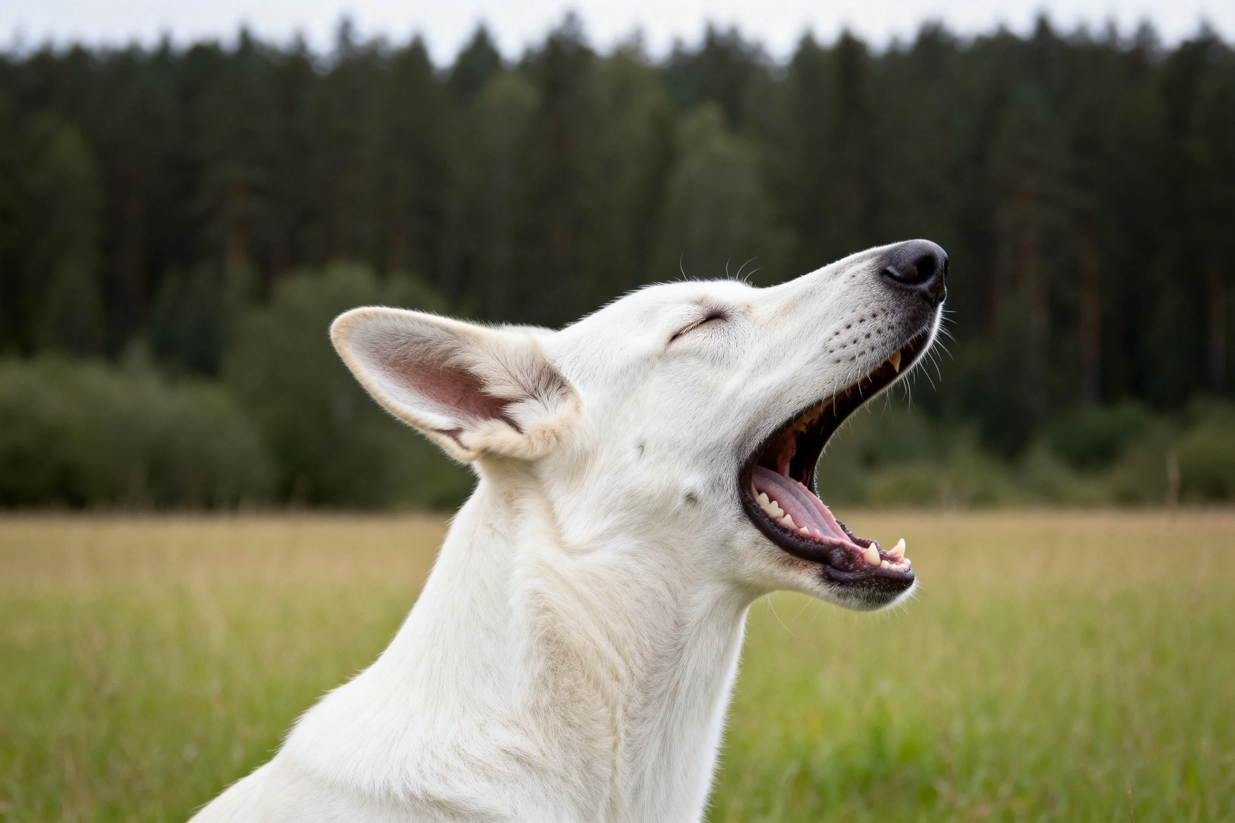 白瑞士牧羊犬嘴巴大张,白色被毛干净,能看到其口腔内部和牙齿细节。